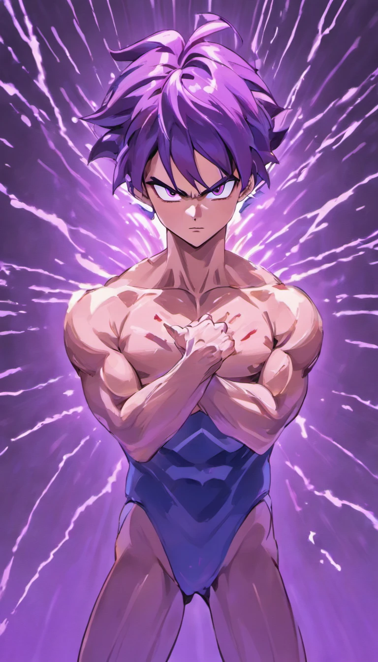 The perfect art of Vegeta's superego, Purple hair and eyes, Wrapped in purple energy and rays, The expression is serious, chiseled muscles, realistic shaded, incredibily detailed, perfect  eyes, Perfect hands, full bodyesbian, blue attire, Dark sky in background.