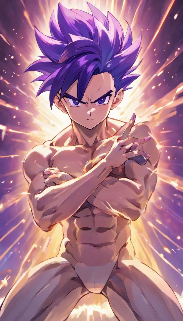 The perfect art of Vegeta's superego, Purple hair and eyes, Wrapped in purple energy and rays, The expression is serious, chiseled muscles, realistic shaded, incredibily detailed, perfect eyes, Perfect hands, full bodyesbian, blue attire, Dark sky in background.