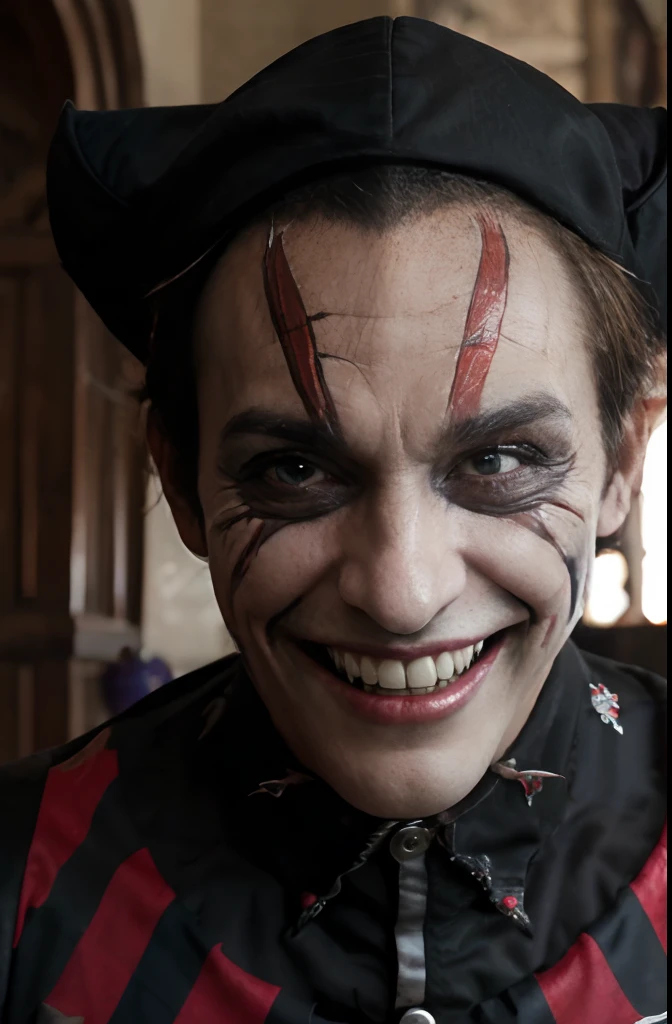 (((hd face photo))), male jester looking at camera, no background, (((evil grin with teeth showing))), threathning appearance, full facepaint, checkered pattern clothes, red and black, jesters cap,