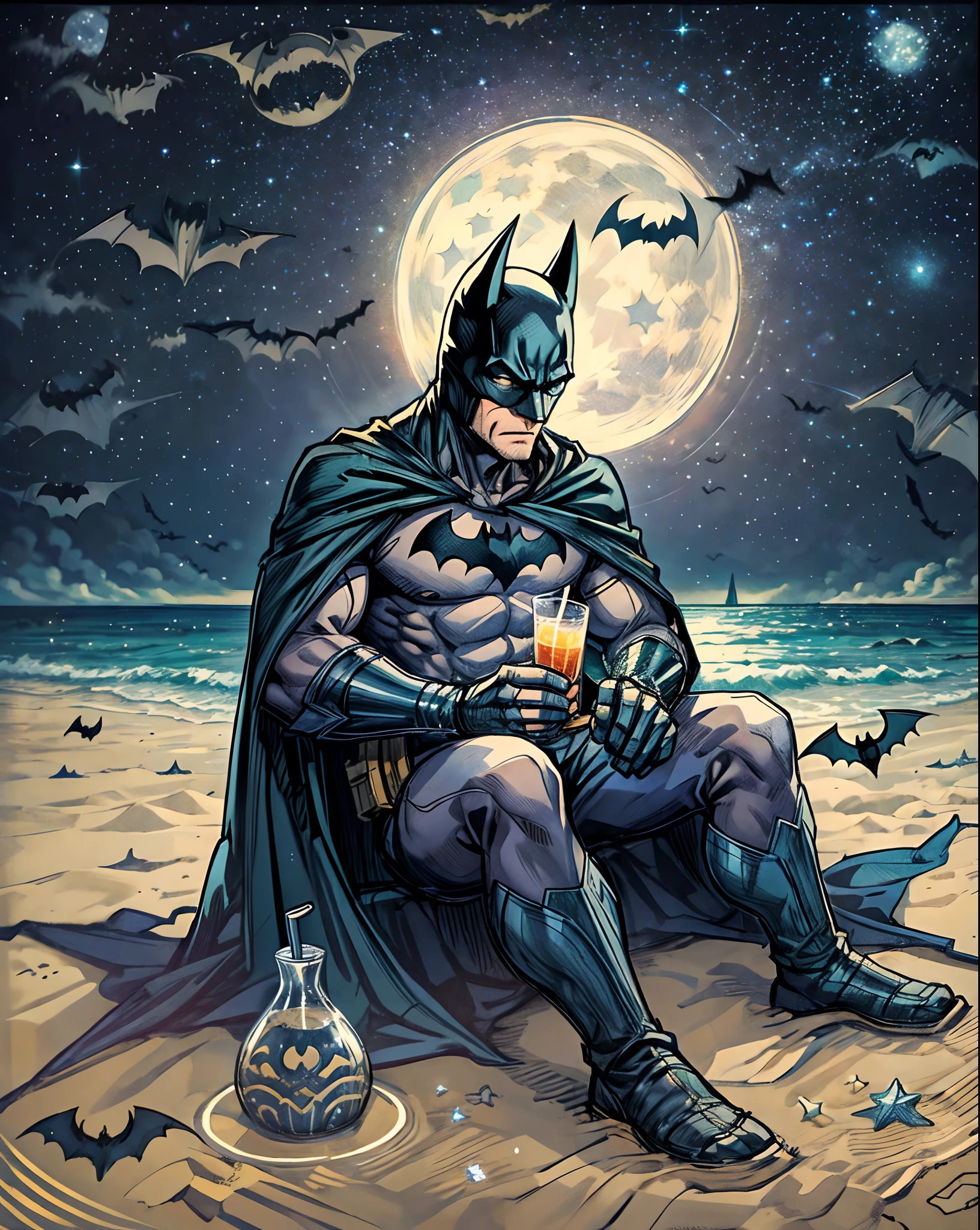 Batman at a moonlit beach, seated on the sands, enjoying a quiet moment with a drink in hand while bats circle the starry night sky, a unique and surreal atmosphere, Illustration, dreamy and mystical