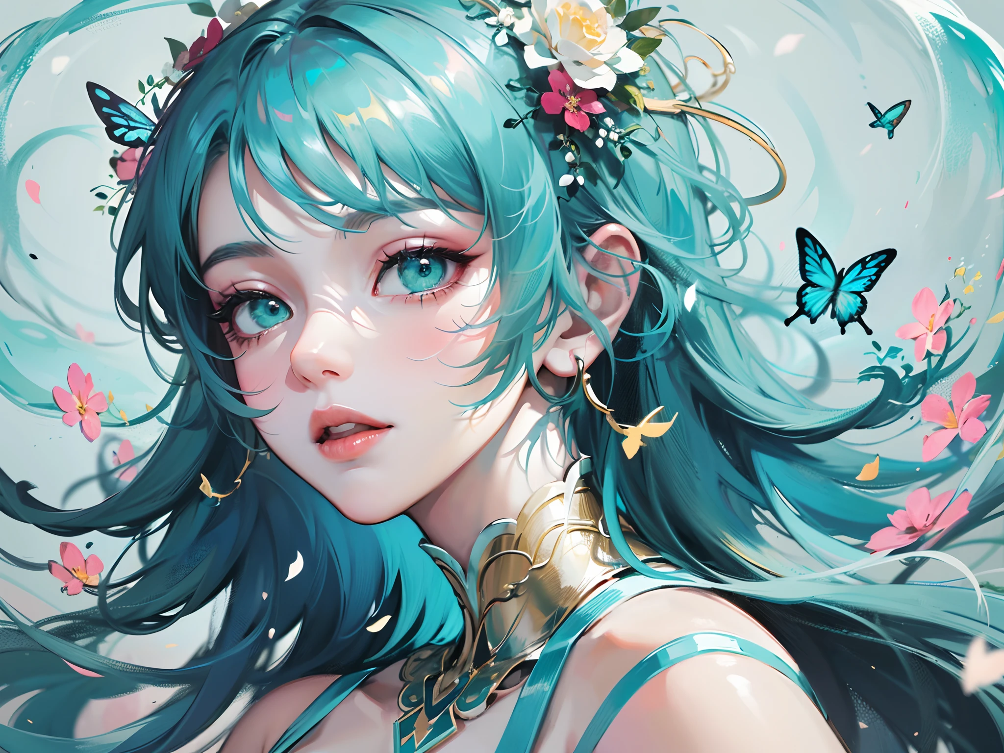 a beautiful girl with teal colored hair and butterflies in her hair, in the style of yanjun cheng, light emerald and white, fairycore, dark turquoise and light gold, delicate flowers, hyper-realistic water, light teal and white --auto --s2