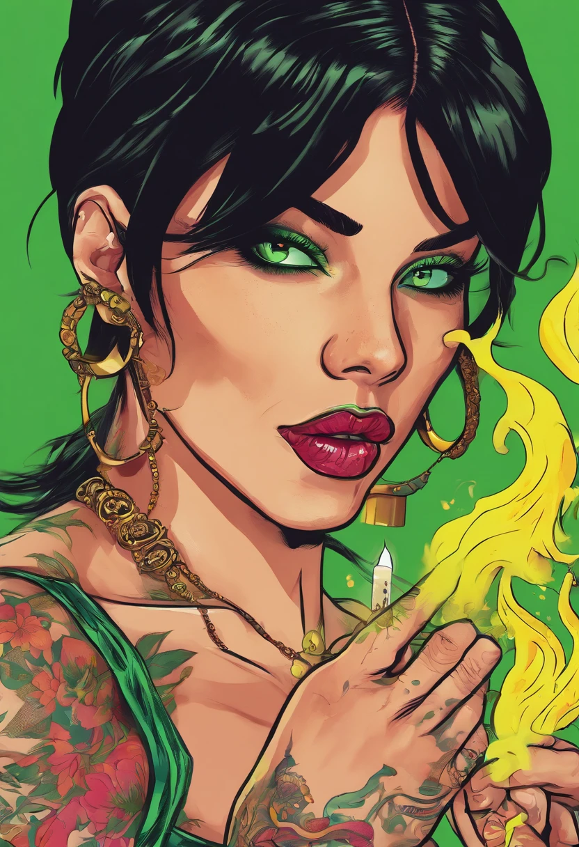 a woman with black hair, green eyes and tattoos smoking a cigarette