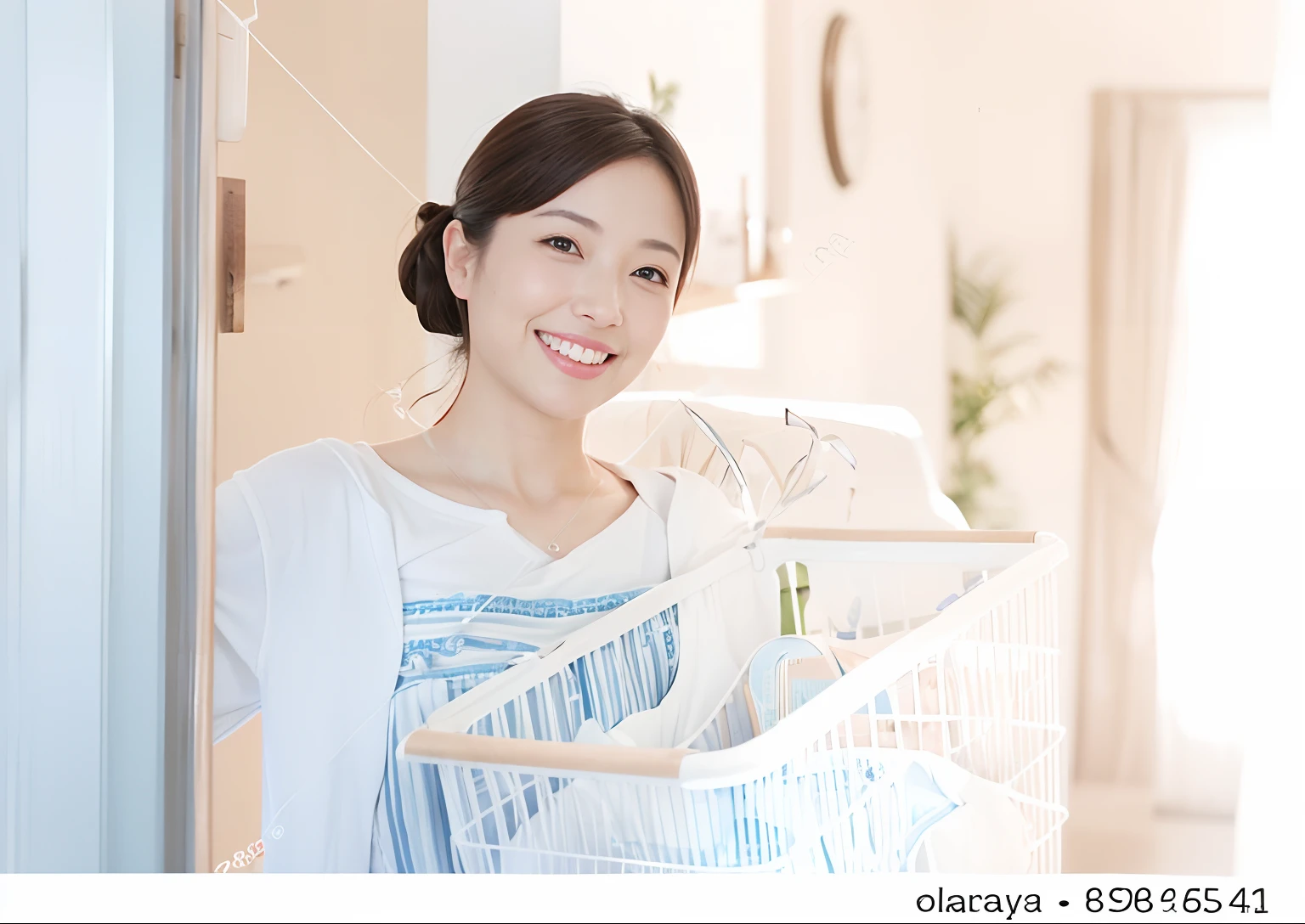 ((Beautiful woman with laundry basket, The biggest smile staring at the camera,Natural soft lighting,Beautiful skin,Beautiful face)),((Japan Beauty 1,35-year-old beauty,The face of Japan's cutest idol)),(Camera gaze,Biggest smile、length hair,waved hair,trainers,Colossal tits,Chest that seems to burst,emphasizing breasts),(View here,It's the perfect camera gaze,Clean teeth,face perfect,White teeth,perfect teeth,8K、hightquality、best qualtiy,tmasterpiece,hight resolution,At 8K,Ulutra HD,softlighting,hightquality, hight resolution),Woman with basket of laundry in the house, Summer morning, vibrant detail, At home, marketing photo, stock photograph, Lifestyle, 4074294527, A Japanese Lady, 3 0 years old woman, 30 year old female, sunny morning, 555400831