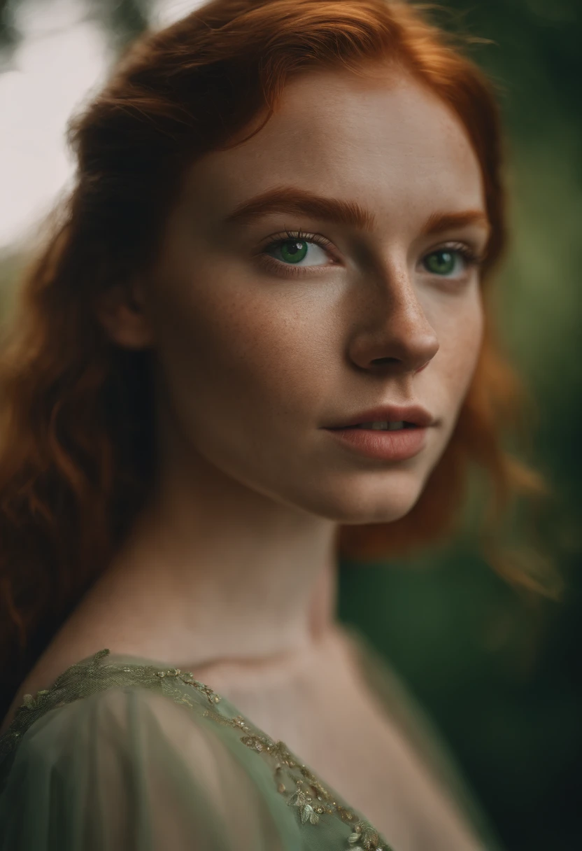 Portrait of a young redhead influencer with green eyes and freckles, age 20 ans, She looks like a princess and she's mysterious