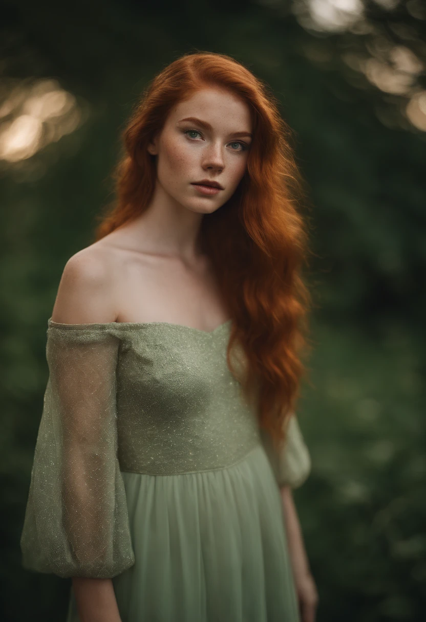 Portrait of a young redhead influencer with green eyes and freckles, age 20 ans, She looks like a princess and she's mysterious