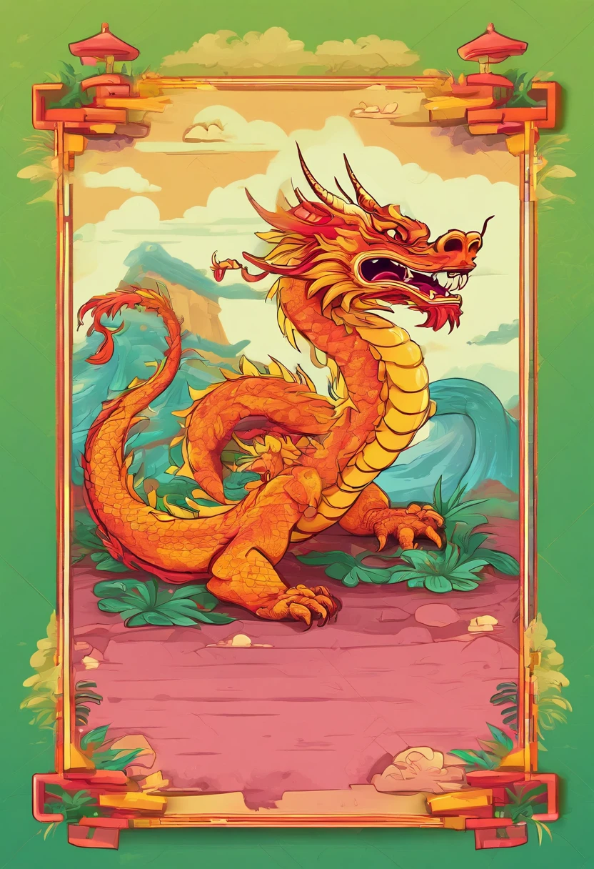 Doormat floor plan,cartoonish style,With elements of a Chinese dragon,Hawaiian scenery