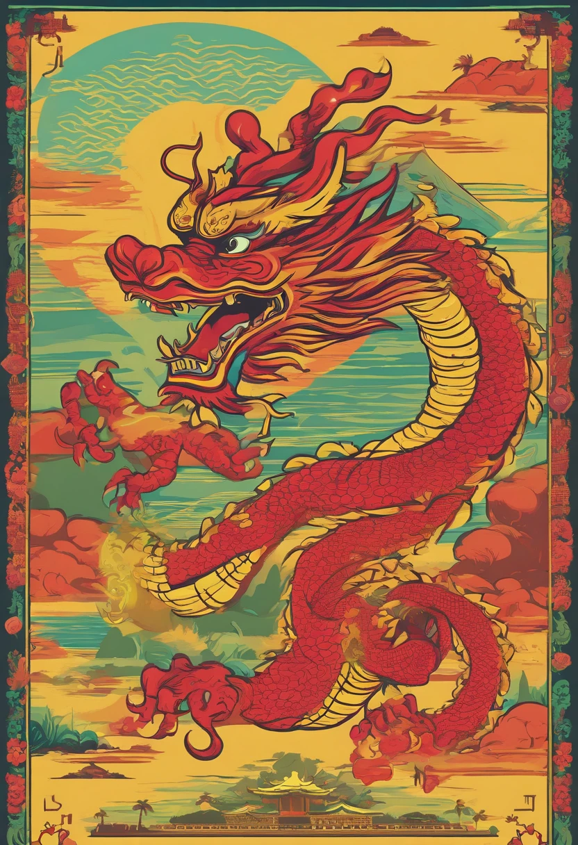 Doormat floor plan,cartoonish style,With elements of a Chinese dragon,Hawaiian scenery