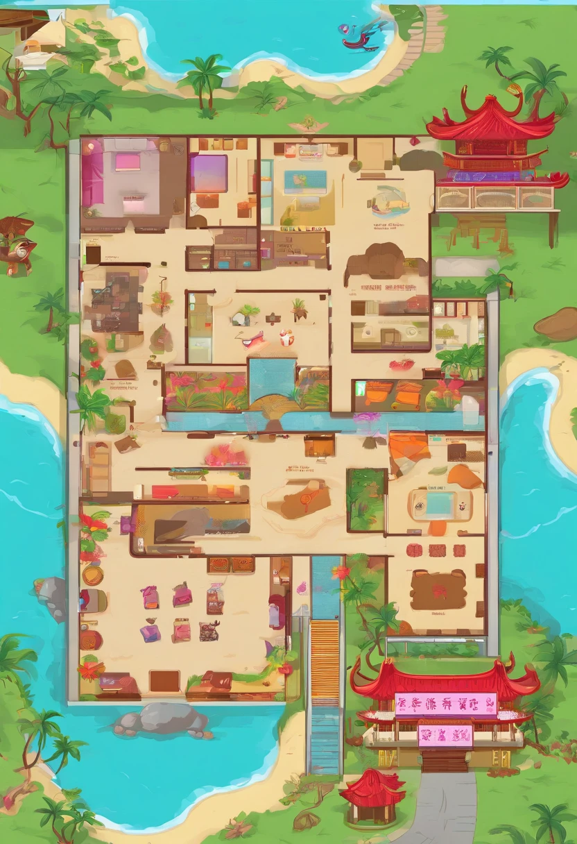 Doormat floor plan，cartoonish style，With elements of a Chinese dragon，Hawaiian scenery