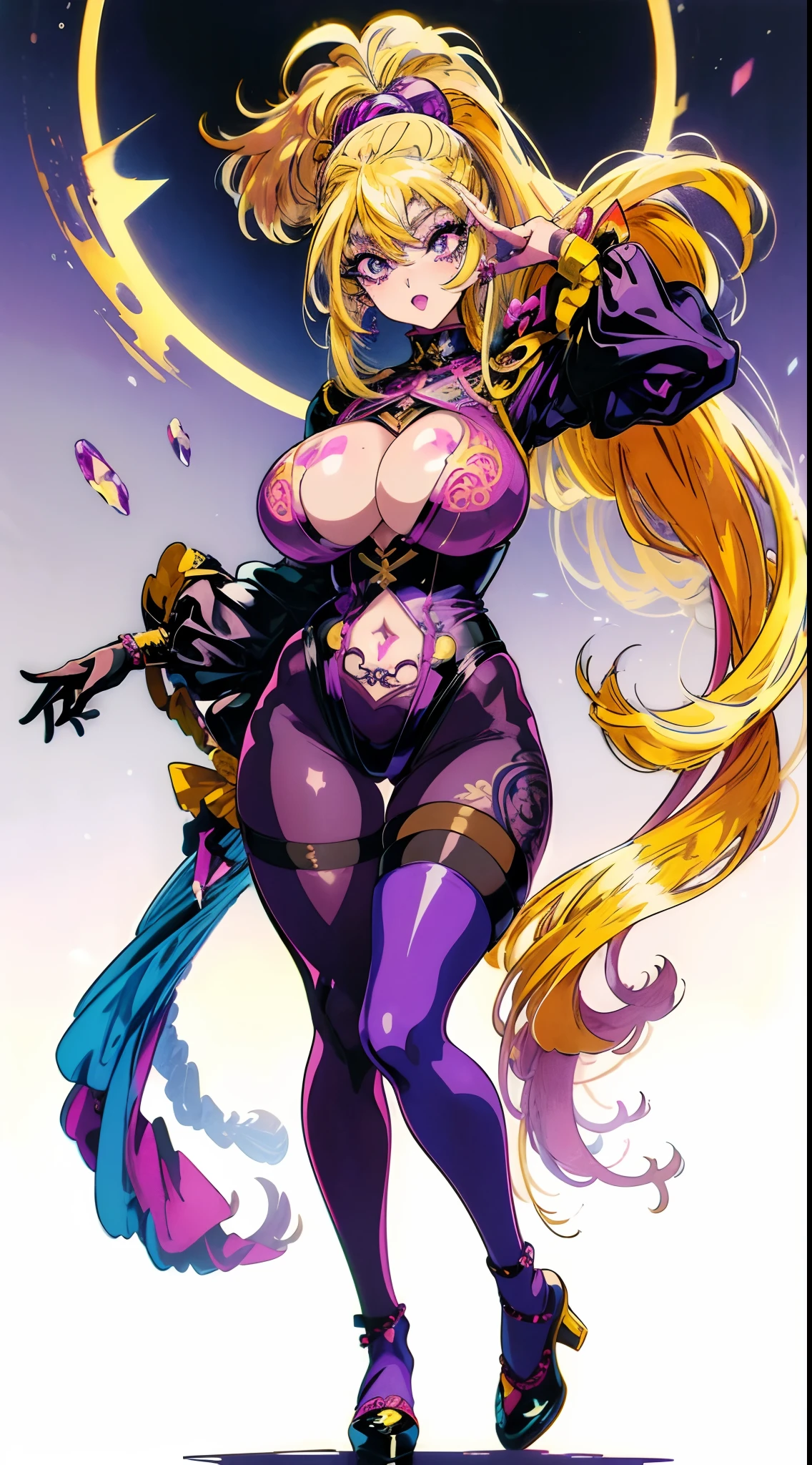 "(masterpiece), best quality,
1girl, (80s anime style:1.6), (eyelashes:1.5),
(intricate high detailed body:1.2),
yellow hair,
(bangs:1.1), (ponytail:1.1),
purple eyes, (gothic makeup, red lip stick, eye shadow:1.1),
(pale skin:1.1), (gigantic breasts:1.3),
grin, open mouth,
(golden embroidery body suit, navel cutout, tattoo:1.2), (pantyhose:1.3),
(witch outfit:1.2),
(ribbon:1.1), (jewelry:1.1), gloves,
standing, peace,
(full body:1.1),
(simple white background:1.2)"