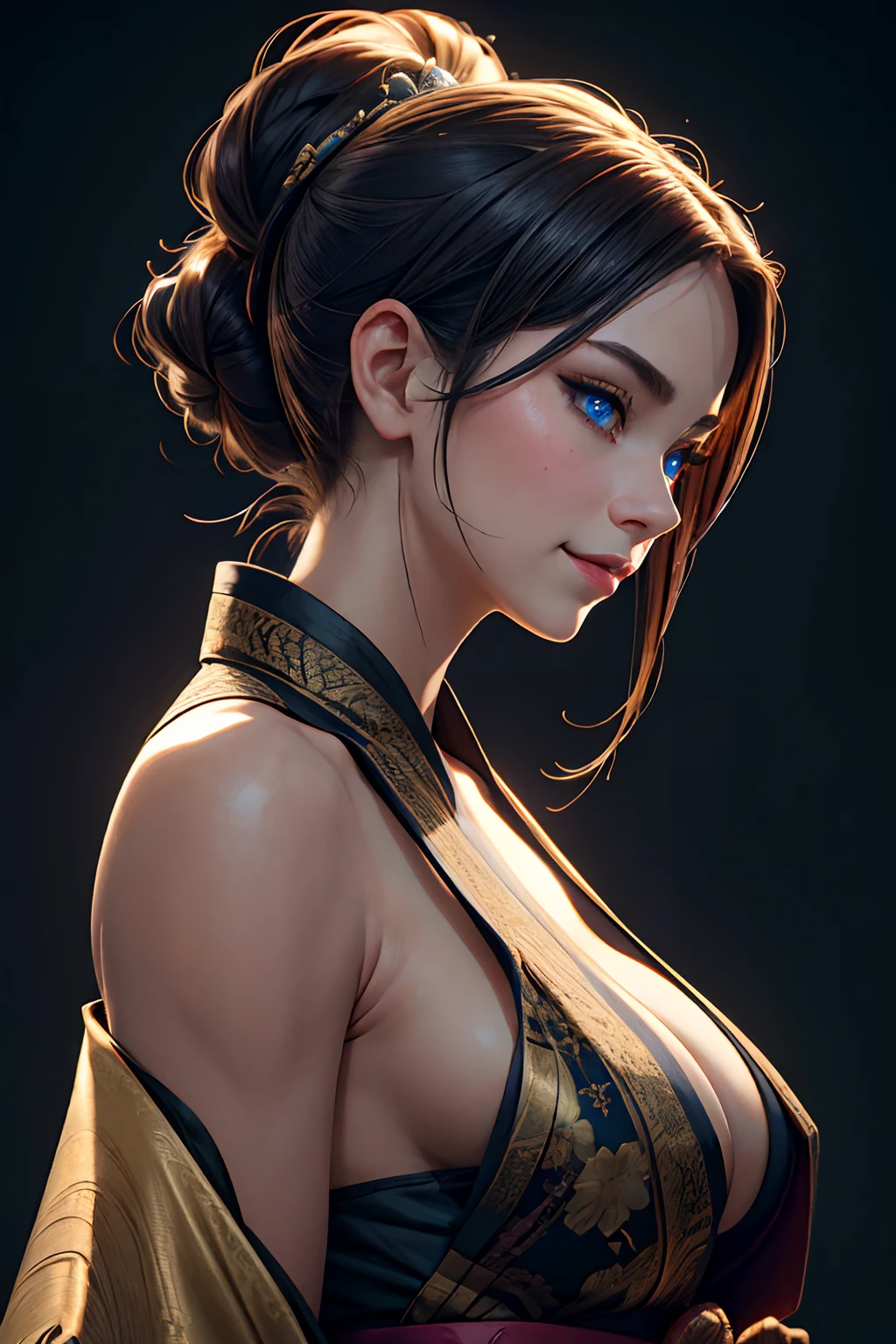 A beautiful flirtatiously smiling woman, a very busty ronin wearing gold lace kimono, Meiji restoration, blue eyes, yojimbo, cleavage, bare shoulders, HD, UHD, WLOP, Artgerm, intricate hairstyle, a view from the side, large anime eyes, realistic eyes, highly detailed eyes, natural skin, natural skin texture, subsurface scattering, muted colors, skin pores, perfect face, perfect eyes, perfect full lips, supple female form, vivid, cinematic, Film light, Hyper detailed, Hyper-realistic, masterpiece, atmospheric, High resolution, Vibrant, High contrast, dark angle, 8k, HDR, 500px, Art by Redjuice