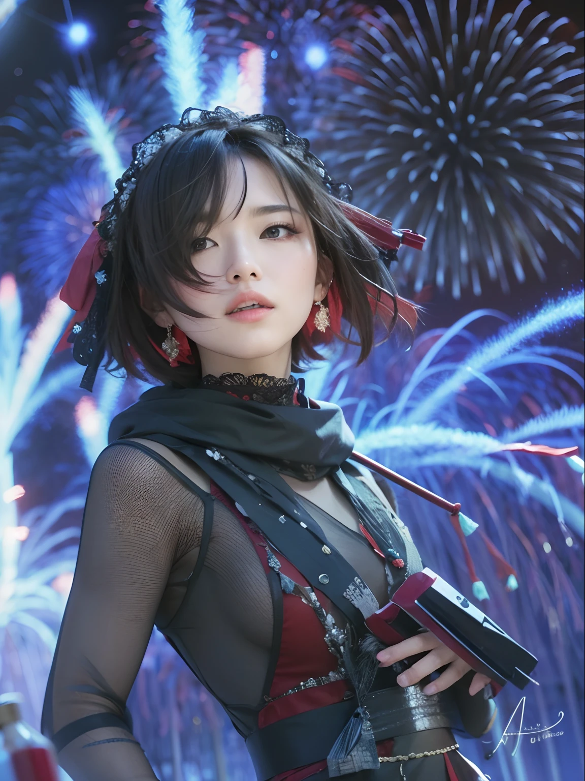 (Best quality, 8k, 32k, Masterpiece, UHD:1.2),  Photo of Pretty Japanese woman, large breasts, very short bob hair, Black Hair, portrait, fireworks