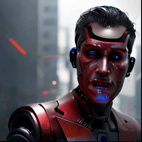 change background robotic cyberpunk handsome , and realistic face ,4k ultra and red eyes