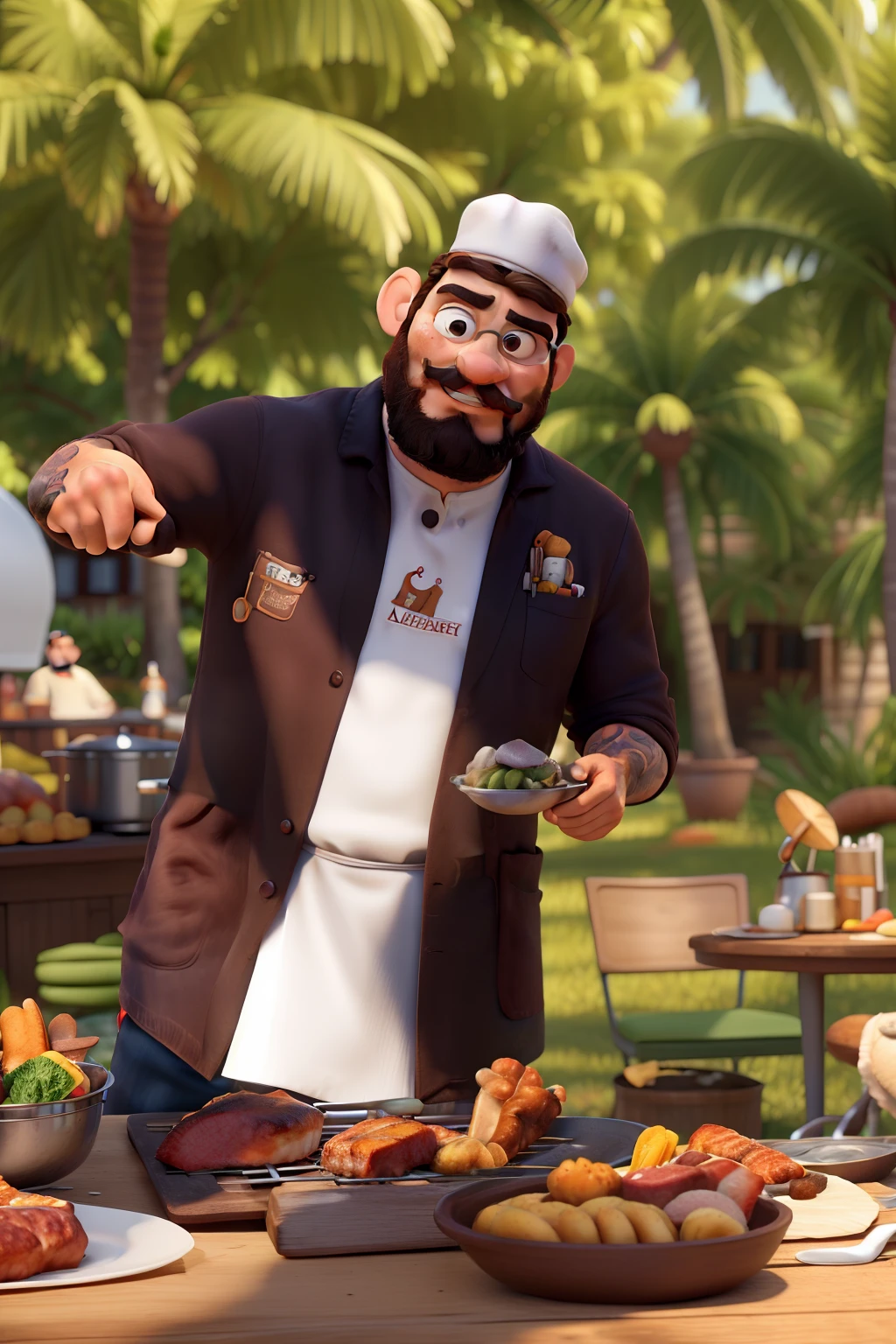 Create a 3D Pixar poster in a Porto Seguro Bahia setting. a man, chef, with a beard and mustache a little longer than his beard, with an athletic build, brown hair and a classic vintage hairstyle. Lightly tanned white fur. barbecue and meats. Shoulder and forearm tattoos. white chef outfit