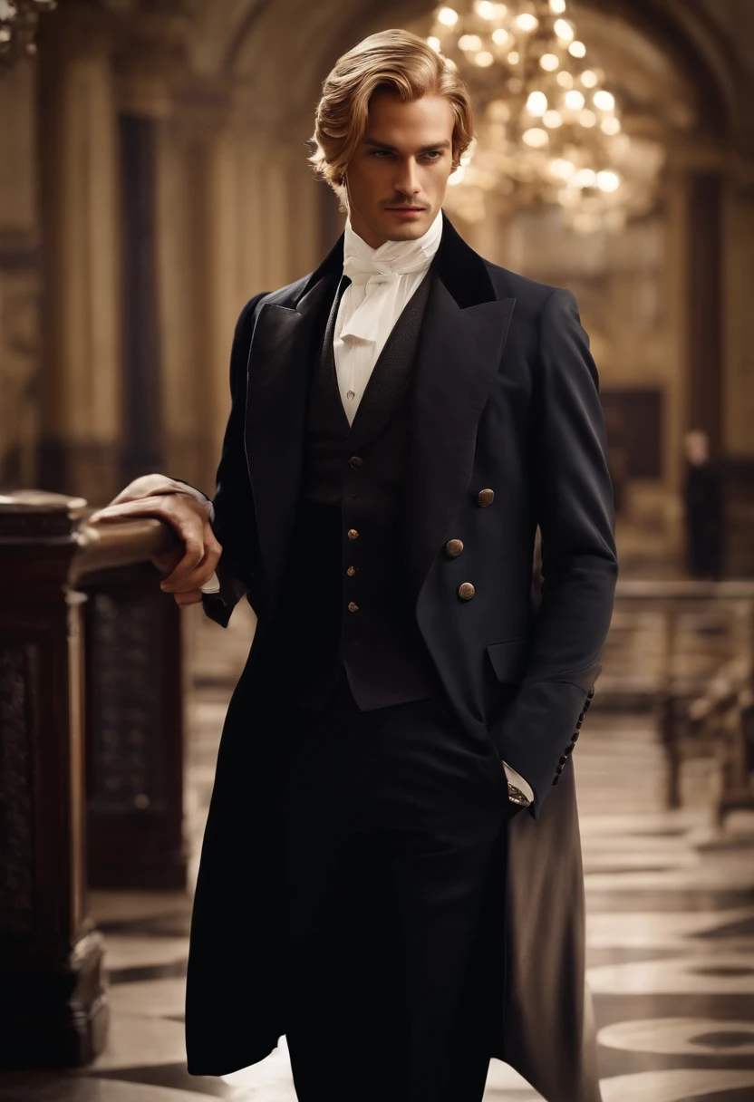 Describe a character who wears an elegant maitre d' suit, with hair that resembles the elegance and style of Sanji from 'One Piece' or the romantic appearance of Jack Dawson's hair in 'Titanic'. This character is meticulous about his attire, always wearing his suit to perfection, and his hair is an essential part of his image. His hair is kept short but well maintained, with a cut that perfectly suits his sophisticated personality. Furthermore, he is known for his confident and charming attitude, which is reflected in the way he dresses and presents himself. This character captivates others with his distinctive and elegant appearance, leaving a lasting impression wherever he goes.