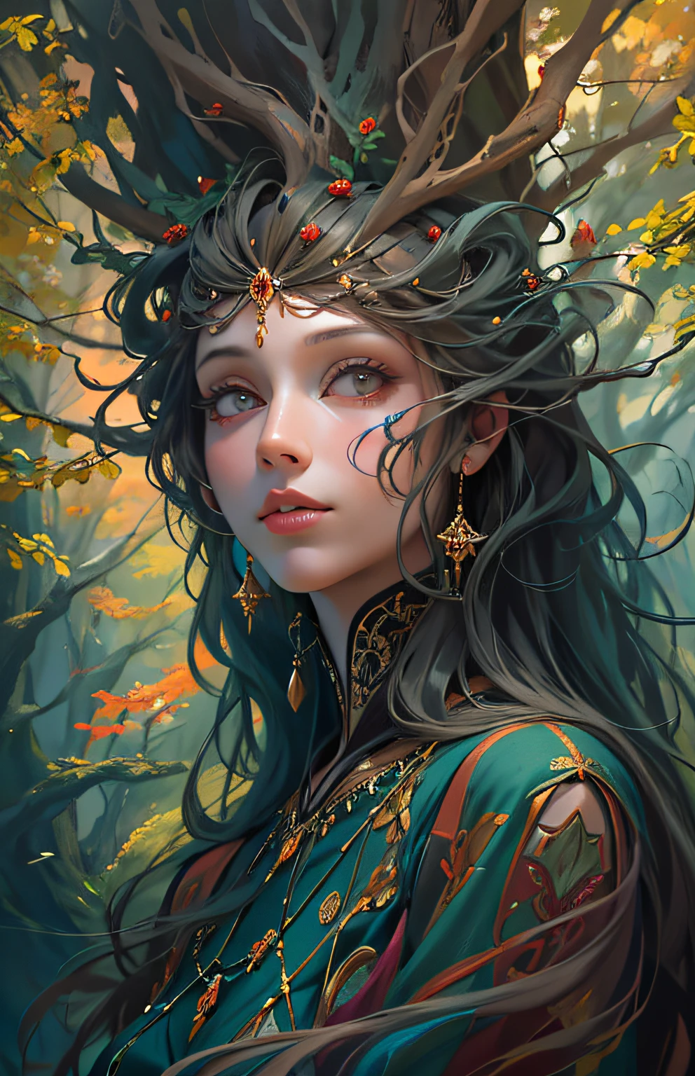 Woman with Trees and Mysterious Legend Masterpiece, qualidade superior, melhor qualidade, arte oficial, beautiful and aesthetic: 1.2), (1girl), extremamente detalhado, (arte fractal: 1.3), colorido, mais detalhado