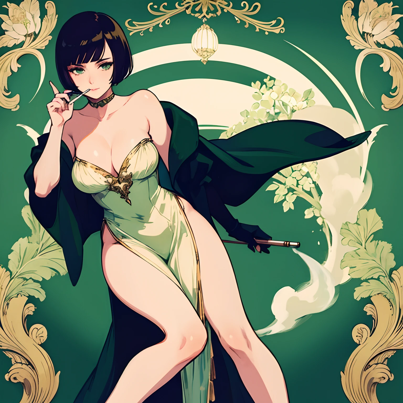 Woman with a short dark hair green eyes and 1920's flapper style clothes in a classic casino smoking with a cigarette holder