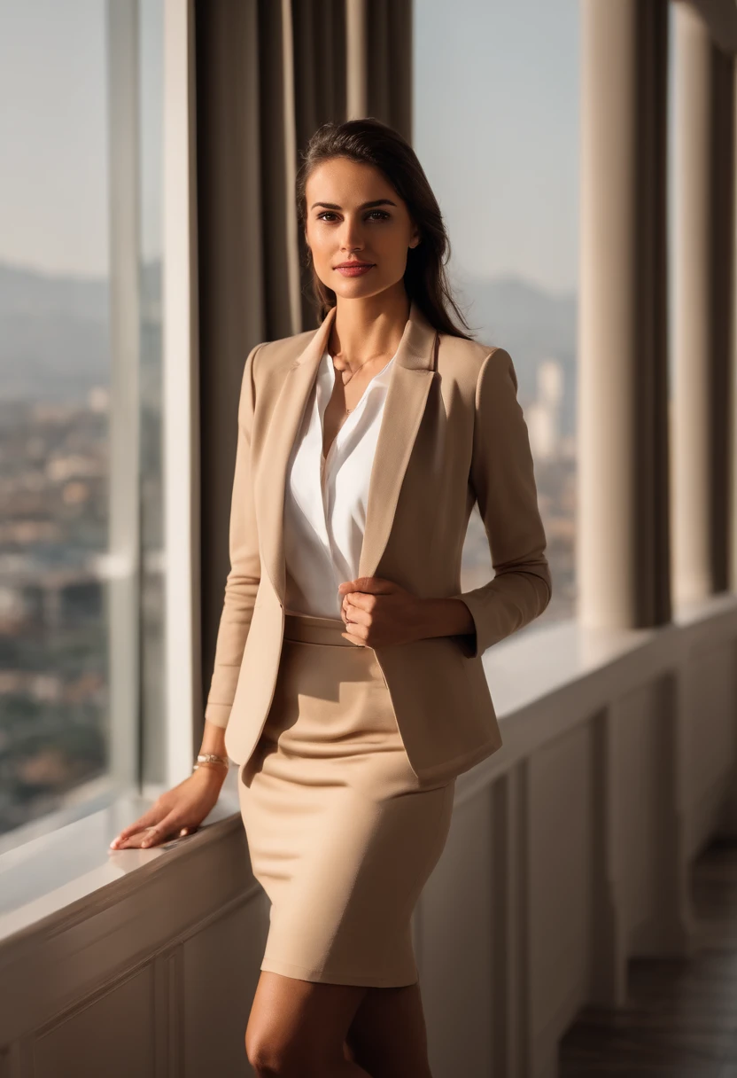 Upper body photo of brown-eyed BRUNETTE woman in a beige blazer and white business shirt and beige business skirt standing in a European-style luxury home, Business Clothes, Panoramic view of the city, Foto RAW, pele altamente detalhada ,8k UHD, DSLR, soft lighting, alta qualidade, filmic grain, Fujifilm XT3.