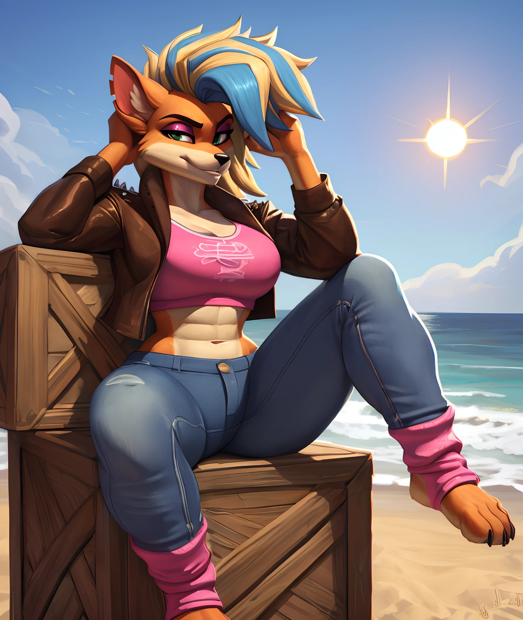 [piratetawna], [Uploaded to e621.net; (Pixelsketcher), (wamudraws)], ((masterpiece)), ((HD)), ((solo portrait)), ((full body)), ((furry; anthro)), ((detailed fur)), ((detailed shading)), ((beautiful render art)), ((intricate details)), {anthro; (slim figure), orange fur, black nose, beautiful green eyes, (red eyeshadow), long blonde hair, (curly bang blue highlights), (medium boobs), (gorgeous wide hips), (thick thighs), (beautiful legs), (beautiful feet), (defined muscles), (smug smirk)}, {(pink tee shirt), (midriff), (cleavage), (brown leather jacket), (tight blue jeans), (pink leg warmers), (toeless socks)}, {(sitting on crate), (hands on head), (legs spread open), (looking at viewer)}, [background; (beach), (ship in ocean), (beautiful ocean), (blue sky), (sun rays)]