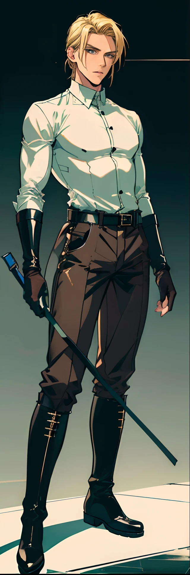 (highest resolution, distinct_image) best quality, a man, solo, masterpiece, highly detailed, anime look, color Manga Style, (semi realistic :0.6), detailed shading,blonde hair, long wild hair, (23 years old:1.4), mature, tall strong,paladin,(luxury hotel room background:1.2), cold, serious, tall, handsome, powerful, demi-god, exquisite facial features, (full body)(combat_boots:1.4)(dark pants:1.3),( gloves:1.5)(long sleeves),solo,(looking at viewer),(from below:1.1)(head turned upwards:0.3)(smiling:0.4)(holding riding crop:1.2)(muscular:1.2),(black belt), (shirt tucked in pants),(standing on ground), (marble floor)(mean:0.4)(seductive:0.5)(evil:0.9),detailed,(abs:0.9)(bdsm Equipment),(Link:1.33),Warrior,knight,(white button-up shirt)(masculine face)