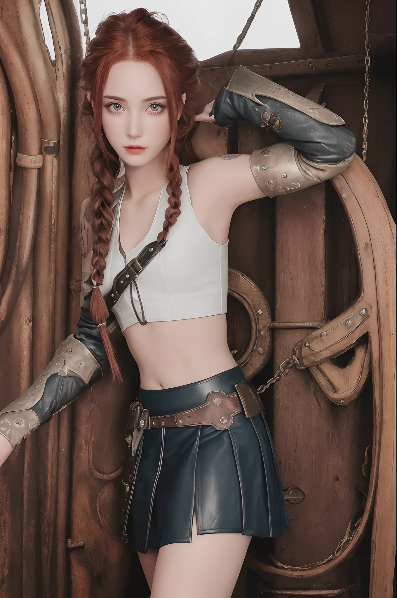 an steampunk girl on the pirate's airship, over big sreampunk town, leaning forward, she follows merchant ships with a predatory gaze, her team on background is waiting for orders to start boarding, (white crop top:1.2), cute sexy, small breast, black leather boots, short blue skirt, tattoo, hyper detailed, ultra sharp, long auburn hair in braids, 8k, (insanely detailed:1.5), full body photography, 20 megapixel, canon eos r3, naturally pale skin
