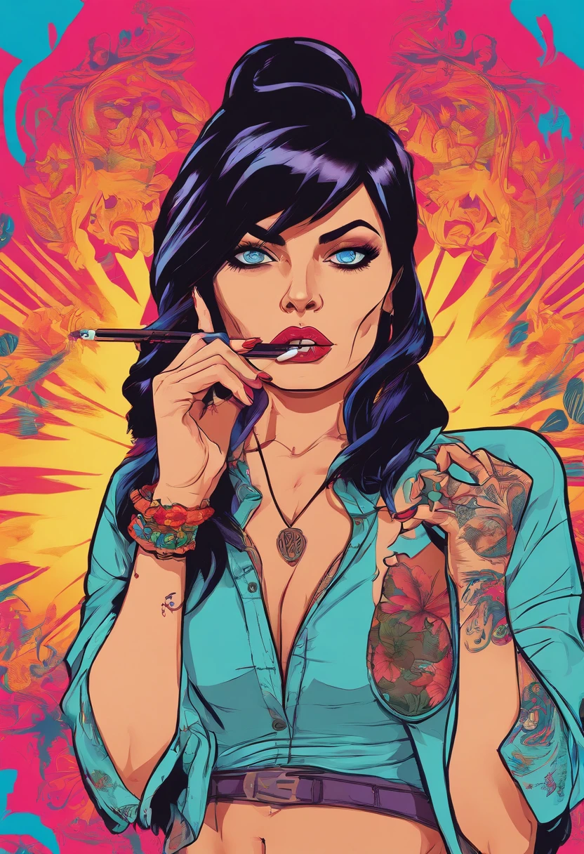 a woman with straight black hair, blue eyes with tattoos, lighting a cigarette