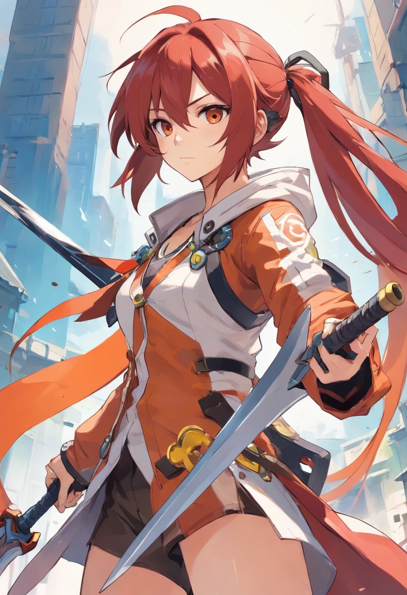 anime character with red hair and a sword in his hand, guilty gear art direction, guilty gear strive splash art, arte de anime digital detalhada, arte detalhada do personagem de anime, arte de personagem impressionante, por Yang J, 2. 5 d cgi anime fantasia arte, epic exquisite character art, fanart melhor artstation, estilo de arte guilty gear, trending on artstation pixiv