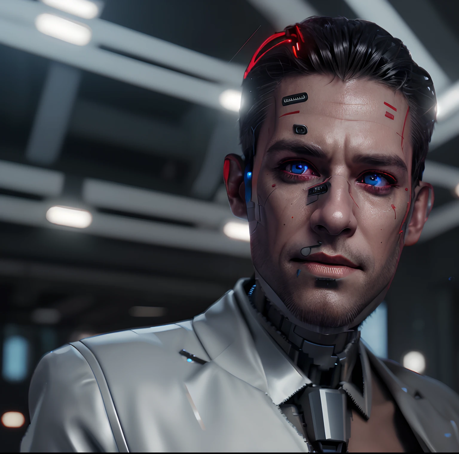 change background robotic cyberpunk handsome , and realistic face ,4k ultra and red eyes