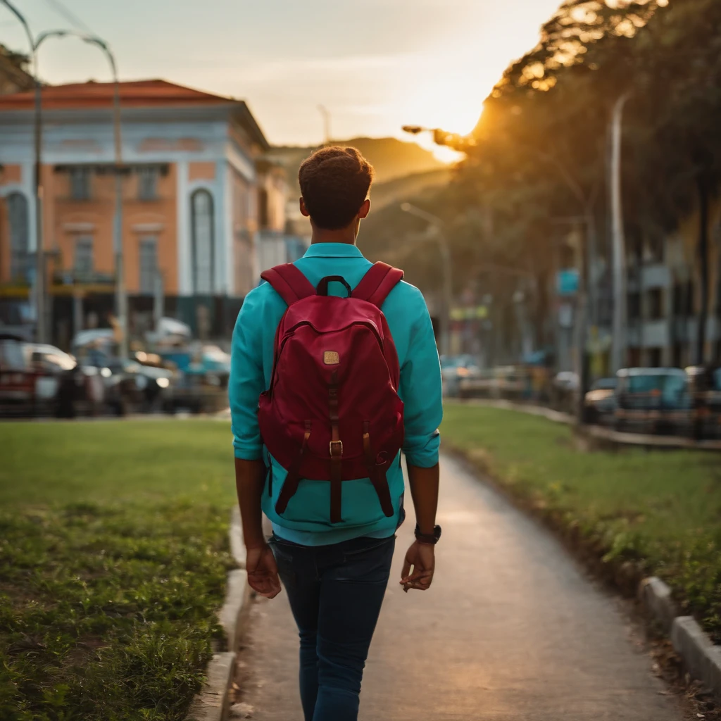 A male high school student,Carregue uma mochila,Caminhando na estrada da escola