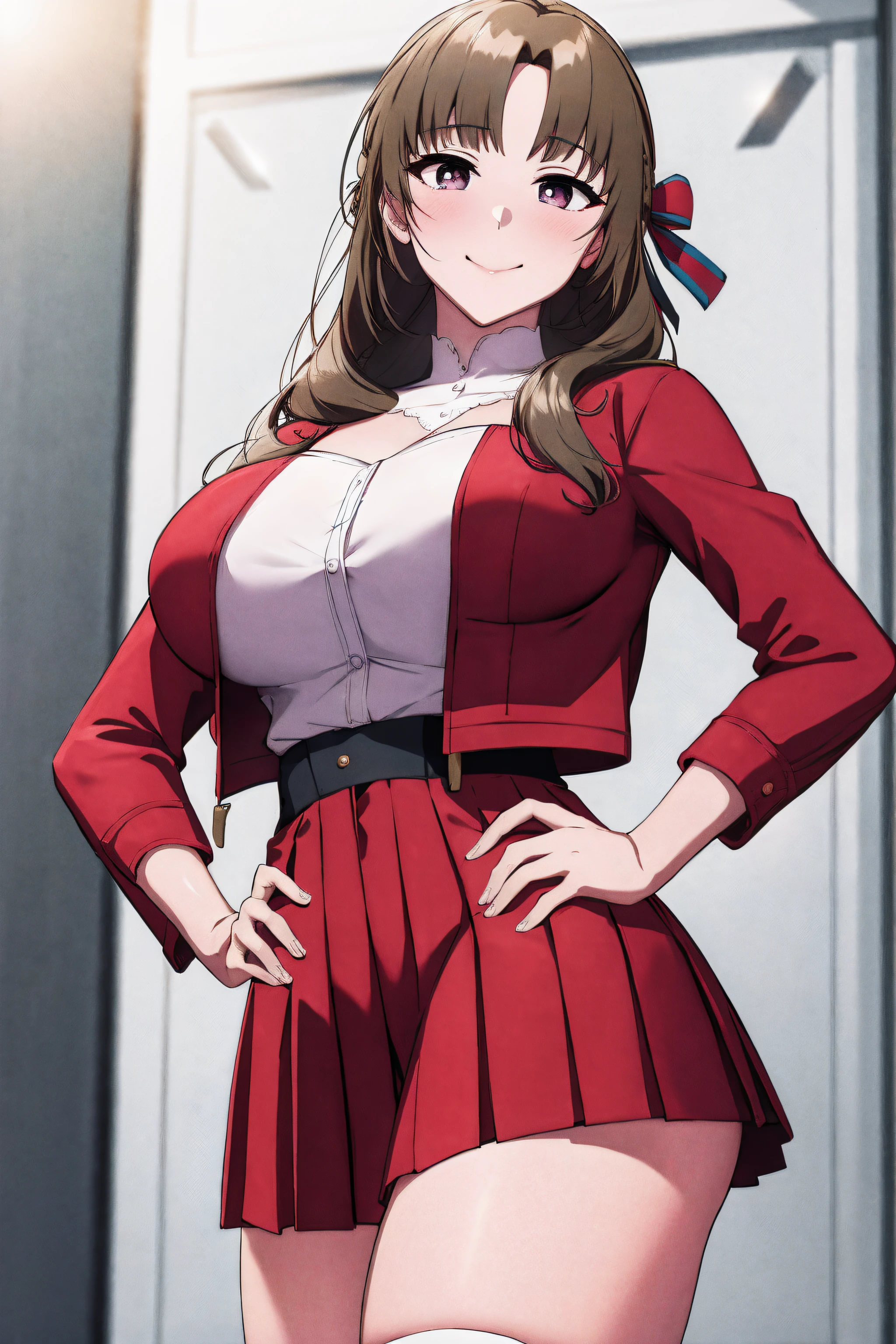 (masterpiece, best quality:1.2), cowboy shot, solo, 1girl, oosuki mamako,seductive smile, closed mouth, looking at viewer,pose, hand on hip,large breast ,hair ribbon, oosukidef, strapless, lace-up boots, military, military uniform, pleated skirt, (red jacket:1.5), skirt, thighhighs, uniform, white thighhighs, white ribbon, buttons, (sleevesless:1.5),NSFW,official art,extremely detailed CG unity 8k wallpaper, perfect lighting, (masterpiece:1.0),(best_quality:1.0), ultra high res,4K,ultra-detailed, photography, 8K, HDR, highres, absurdres:1.2, Kodak portra 400, film grain, blurry background, bokeh:1.2, lens flare, (vibrant_color:1.2),(beautiful_face:1.5),(narrow_waist),(perfect hands, perfect anatomy),