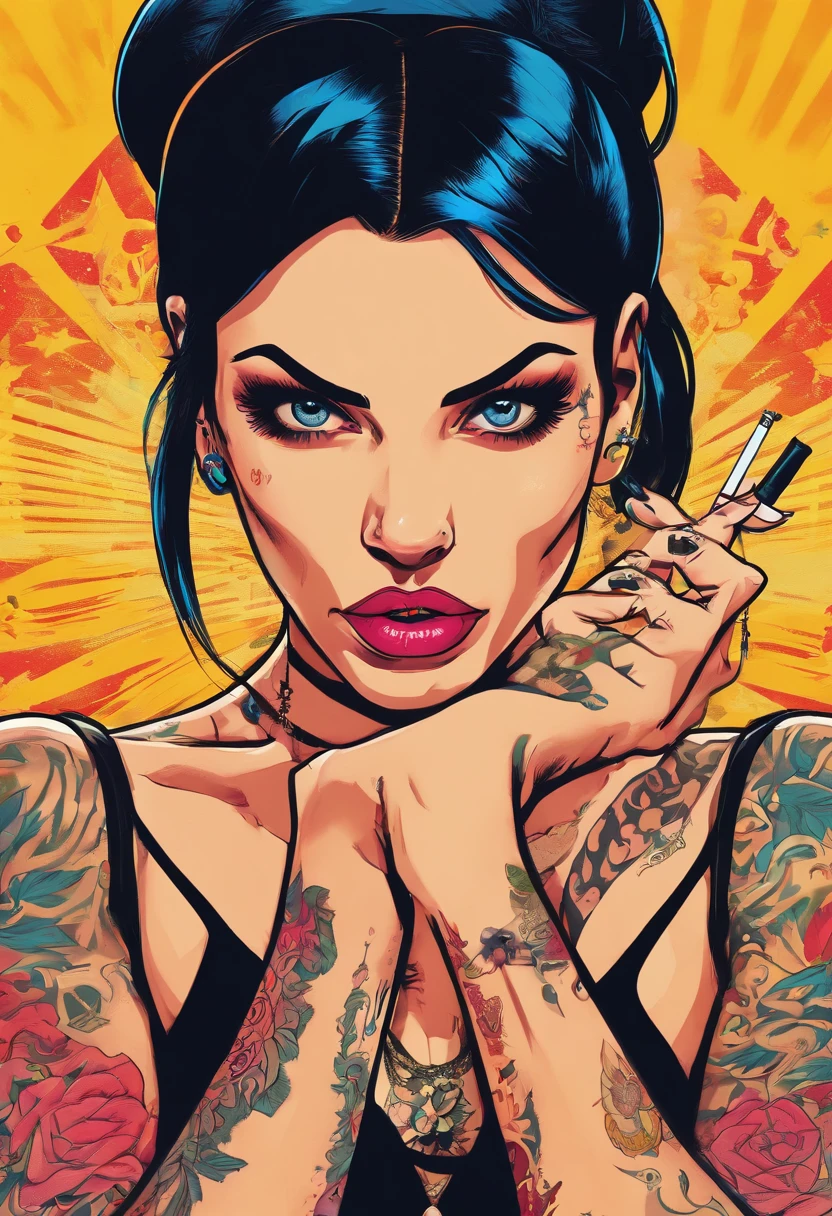 a woman with straight black hair, blue eyes with tattoos, holding a cigarette between her fingers