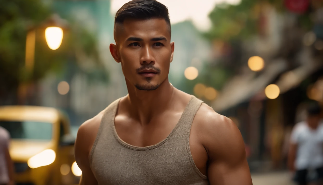 photo of a stunning handsome muscular Thai man, no female, honey eyes, short buzz cut messy windy dark brown hair, short hair, closeup zoomed in tight crop portrait, walking down a (city street scene:1.2) wearing a (linen shorts no shirt:1.3) (beach slippers on his hand:1.3) (Lighting-golden:1.2) foreground objects background details (masterpiece:1.2) (photorealistic:1.2) (bokeh:1.2) (best quality) (color grading) (detailed skin:1.3) (intricate) (8k) (HDR) (cinematic lighting:1.3) (sharp focus), buzz cut hair Thailand