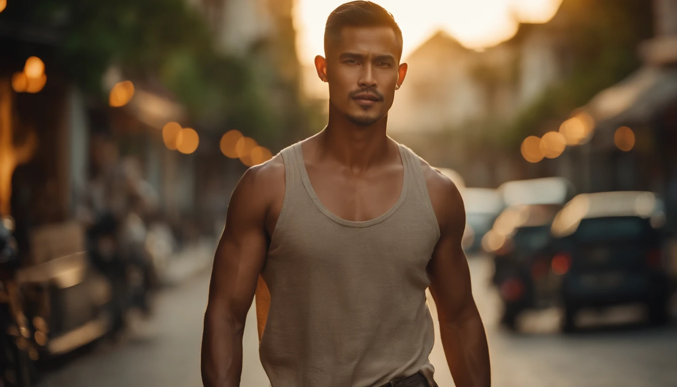 photo of a stunning handsome muscular Thai man, no female, honey eyes, short buzz cut messy windy dark brown hair, short hair, closeup zoomed in tight crop portrait, walking down a (city street scene:1.2) wearing a (linen shorts no shirt:1.3) (beach slippers on his hand:1.3) (Lighting-golden:1.2) foreground objects background details (masterpiece:1.2) (photorealistic:1.2) (bokeh:1.2) (best quality) (color grading) (detailed skin:1.3) (intricate) (8k) (HDR) (cinematic lighting:1.3) (sharp focus), buzz cut hair Thailand