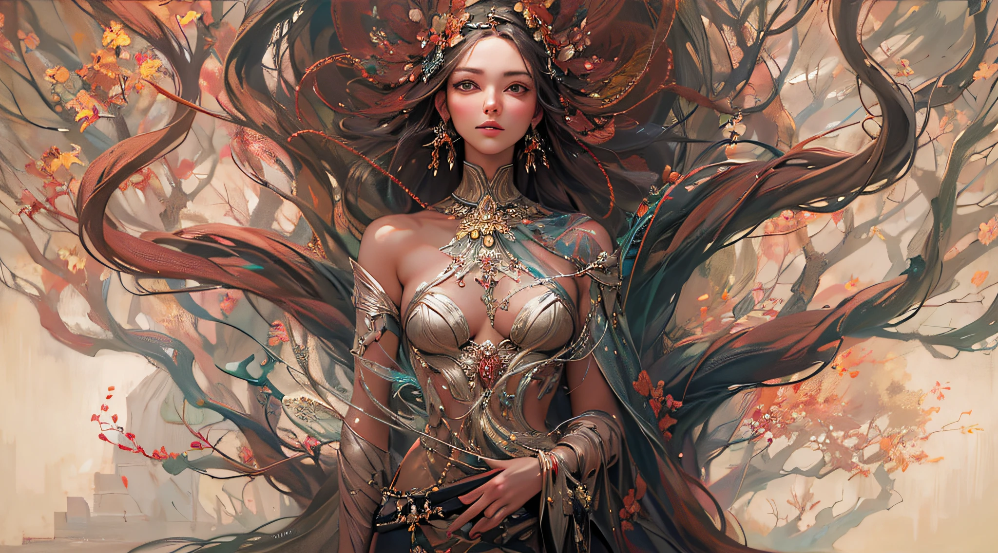 Woman with Trees and Mysterious Legend Masterpiece, qualidade superior, melhor qualidade, arte oficial, beautiful and aesthetic: 1.2), (1girl), extremamente detalhado, (arte fractal: 1.3), colorido, mais detalhado,corpo sensual,anatomia