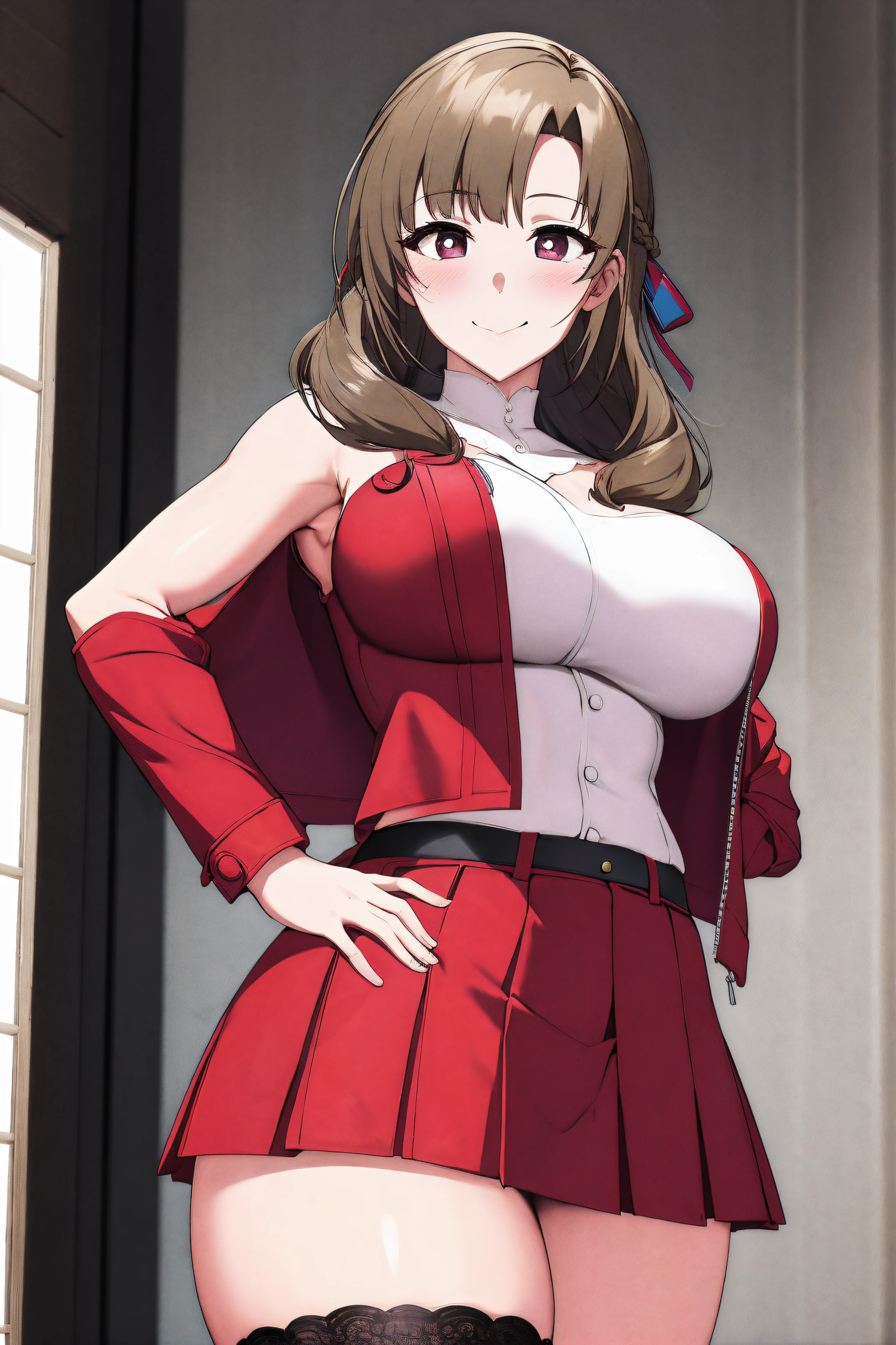 (masterpiece, best quality:1.2), cowboy shot, solo, 1girl, oosuki mamako,seductive smile, closed mouth, looking at viewer,pose, hand on hip,large breast ,hair ribbon, oosukidef, strapless, lace-up boots, military, military uniform, pleated skirt, (red jacket:1.5), skirt, thighhighs, uniform, white thighhighs, white ribbon, buttons, (sleevesless:1.5),NSFW,official art,extremely detailed CG unity 8k wallpaper, perfect lighting, (masterpiece:1.0),(best_quality:1.0), ultra high res,4K,ultra-detailed, photography, 8K, HDR, highres, absurdres:1.2, Kodak portra 400, film grain, blurry background, bokeh:1.2, lens flare, (vibrant_color:1.2),(beautiful_face:1.5),(narrow_waist),(perfect hands, perfect anatomy),