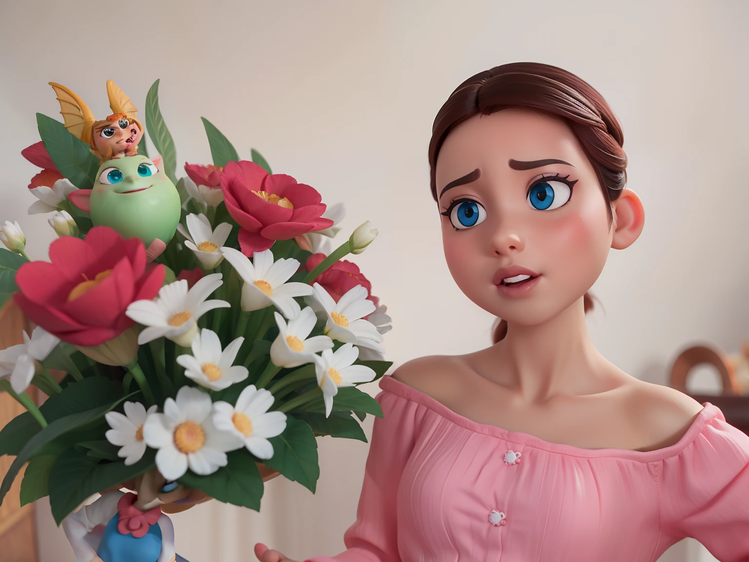 Uma mulher com olhos castanhos, morena clara,olhando para frente, no estilo disney pixar, alta qualidade, melhor qualidade