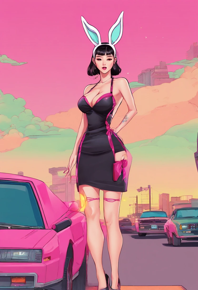 Zhang Tianai,full bodyesbian,Wearing a pink bunny ear hairpin,Breasts are plump,Slender legs,Wearing black stockings,short skirt
