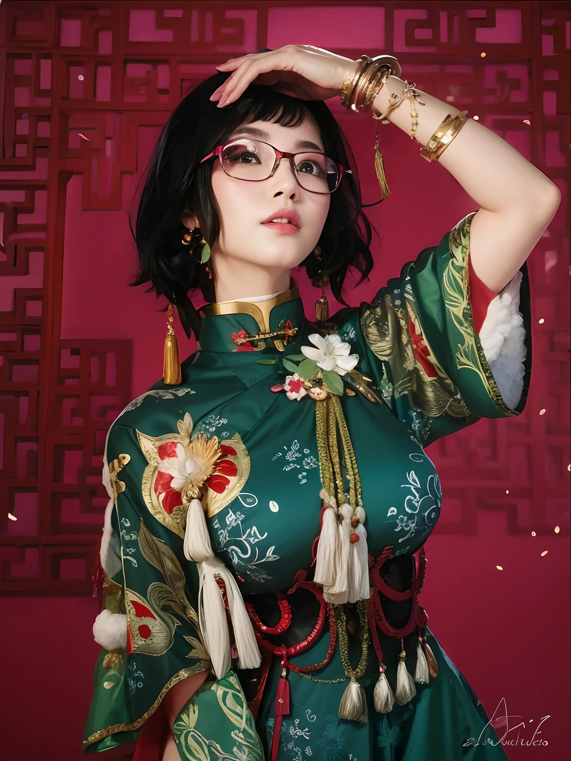(Best quality, 8k, 32k, Masterpiece, UHD:1.2), Photo of Pretty Japanese woman, large breasts, very short bob hair, Black Hair, portrait, chinese, red