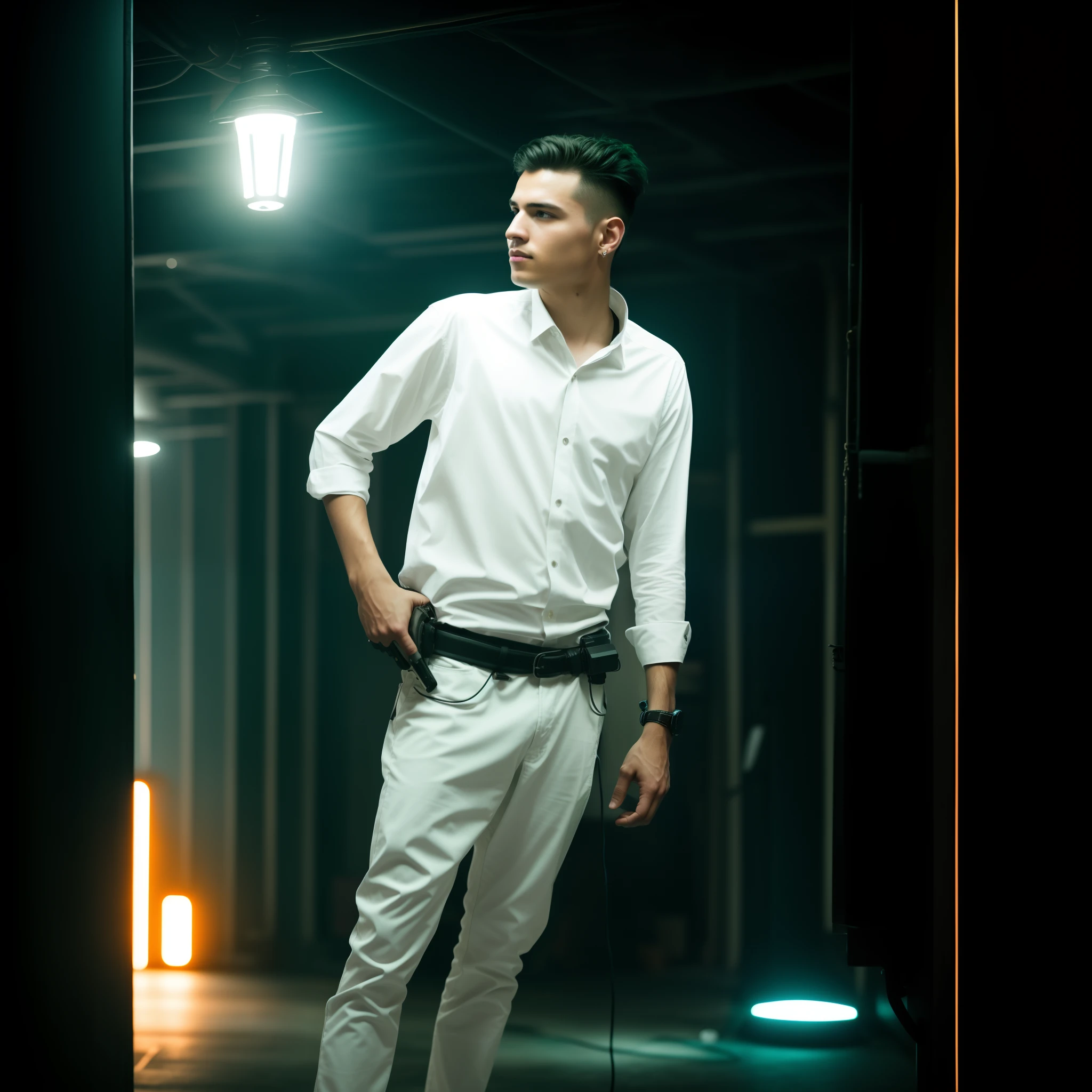 Change background to Realistic Floor of Light's. Handsome boy Cyberpunk8k