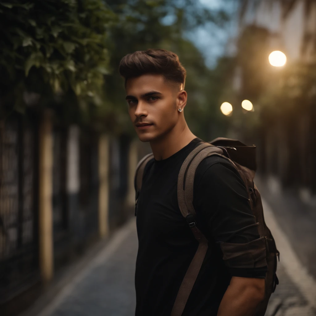 ((master part)),(((best quality))),(Folha de design de personagem,Mesmo personagem,frente,lado,back),Foto iRAW, uma foto retrato de 25 y.o homem em roupas casuais, Noite, Rua da cidade, (pele altamente detalhada:1.2), 8k UHD, DSLR, soft lighting, alta qualidade, filmic grain, Fujifilm XT3 A High School Student，Carregue uma mochila，Caminhando na estrada da escola