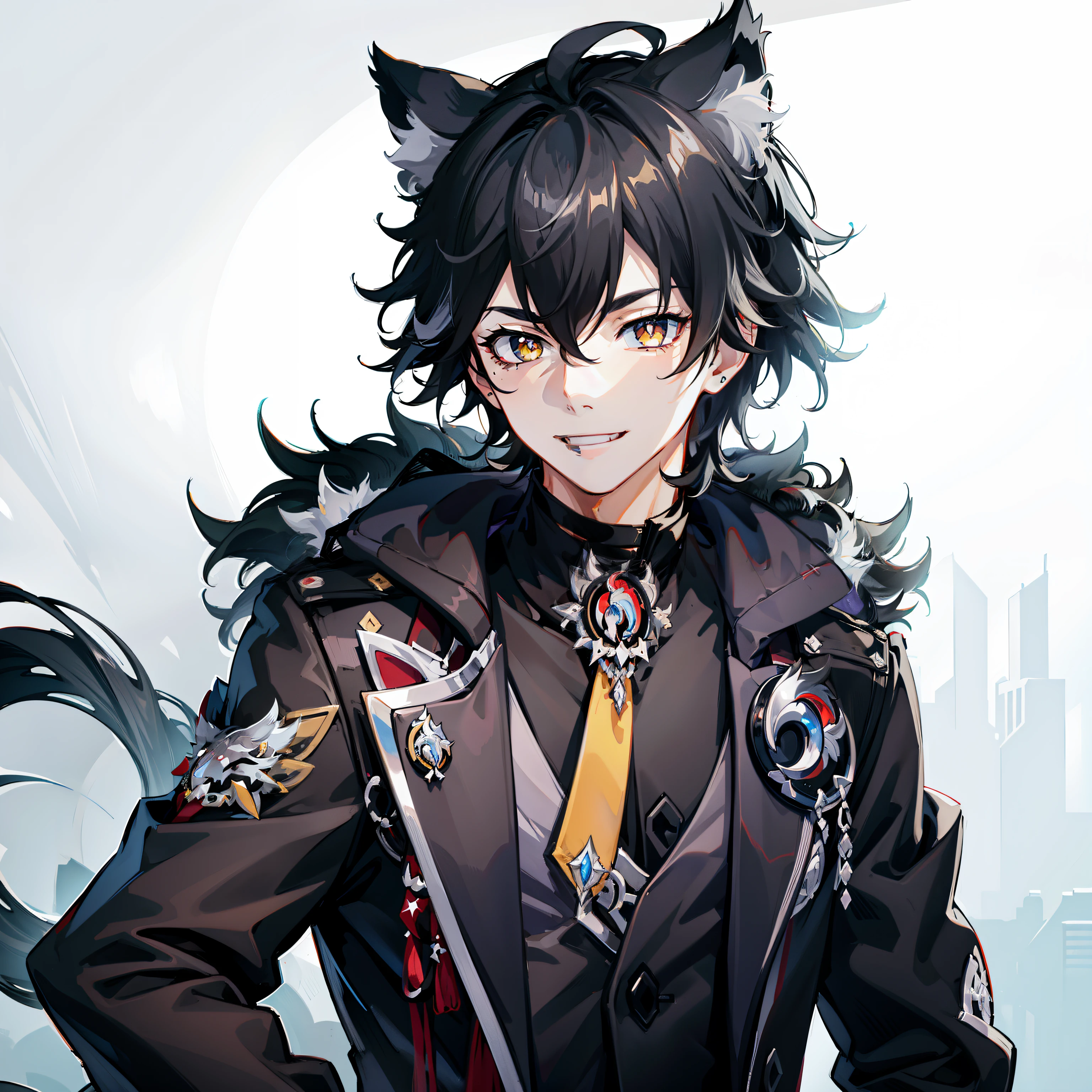 ultra-detailliert, Best Quality, finely detail, Anime Boy, Someone, 1 boy, Man's, Black hair, Medium Hair, Messy pointed hair, voluminous and untidy hair, Black fur jacket, Black clothes, Cat ears, Animal ears, Black cat tail, Black shorts, Smile, relaxed expression, Happy smile, Anime Smile, The hood around the neck is very large,, White eyes, yellow pupils, extremely detailed eye