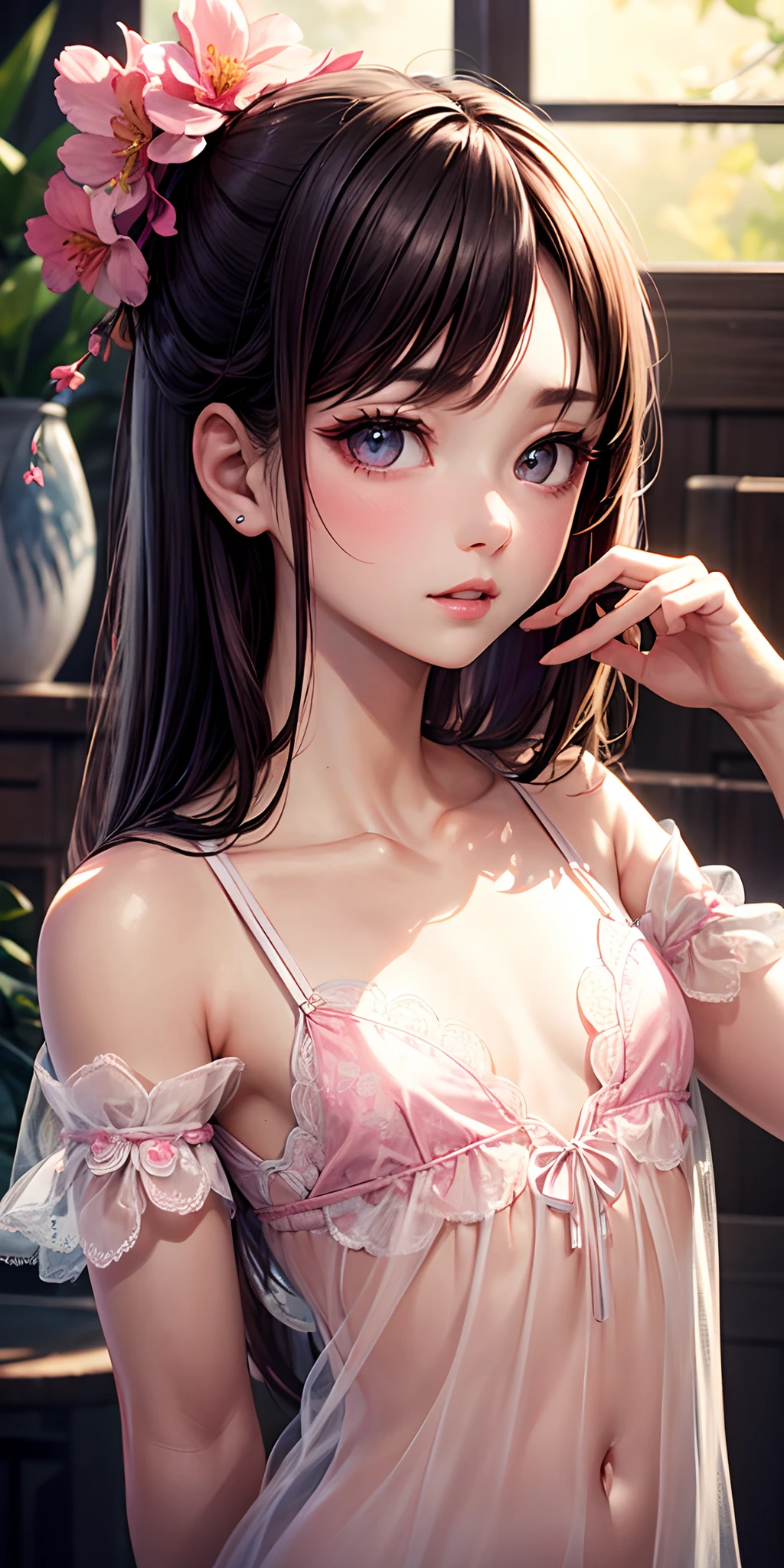 Backview, (flat chest), skindentation, (21 years old), fashion trendy beautiful beautiful girl, gentle attractive Chinese beautiful girl, 21 years old, delicate and sexy collarbone, attractive oval face, double eyelids, smart peach blossom eyes, pink lips, small nose, bare shoulders, focus on face, close-up face, ultra high definition, ultra definition, Full body photo, ultra-thin light transmission, sweet and playful upper body, see-through