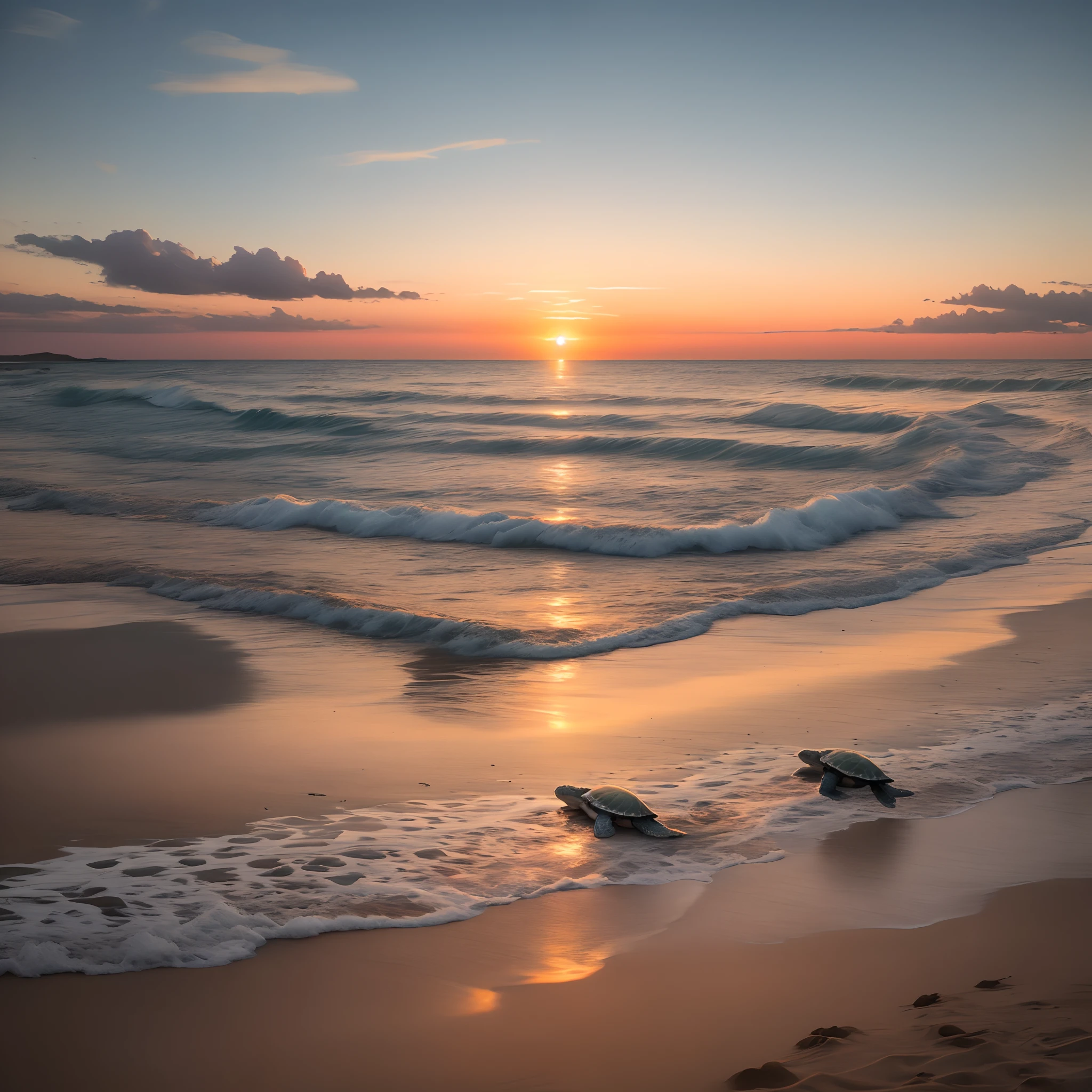 The birth of sea turtles heading towards the sea at sunrise