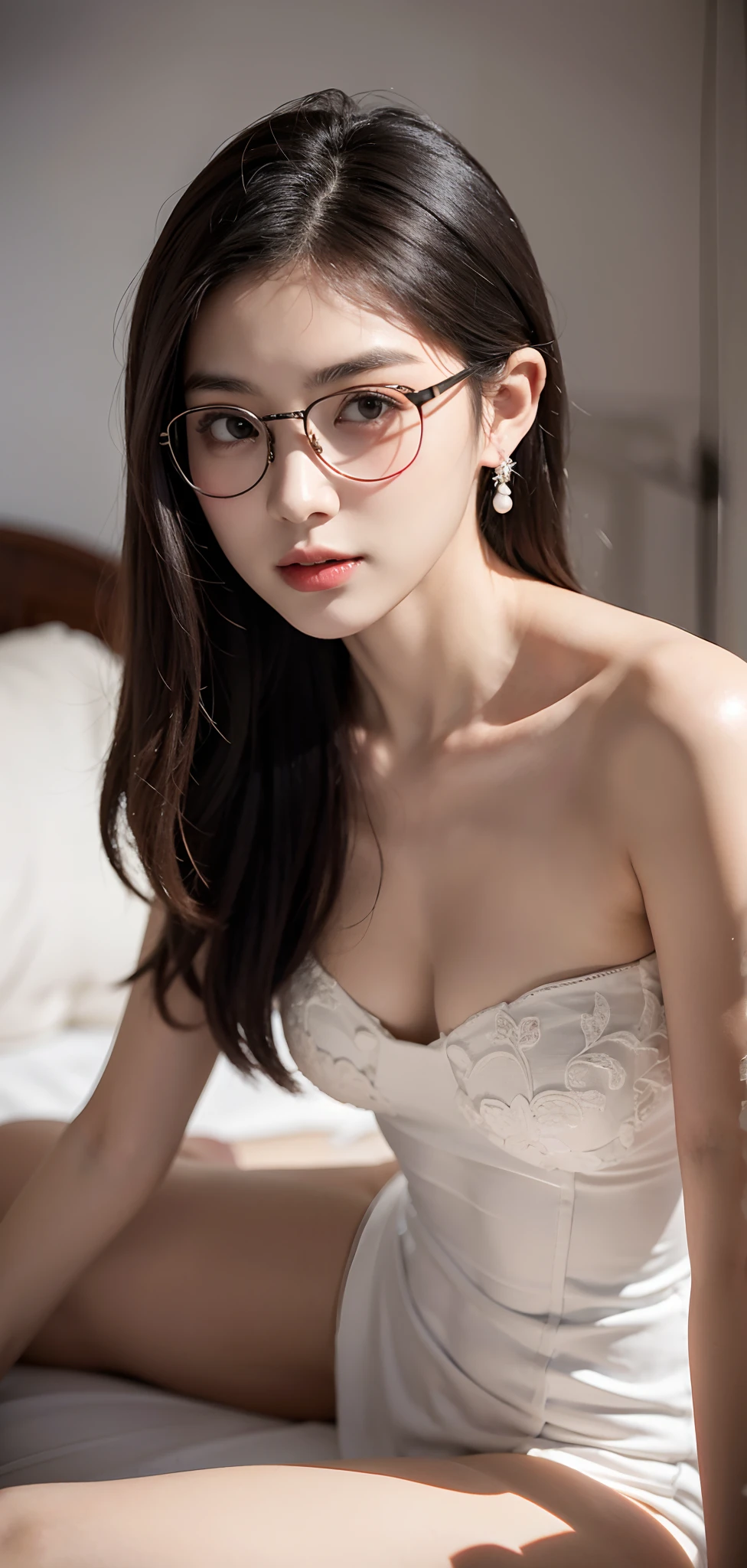 With glasses, wearing thin large round glasses, 19-year-old girl, with square glasses, young and cute girl, Yoshitomo Nara, f / 1. 9 6. 8 1 mm ISO 4 0, Best picture quality, Masterpiece, 超高分辨率, 8K, cleavage, Bigboobs, Bust details, hair detail, eye detailed, Sharp eyes, thin smile, Professional lighting,(Bandeau wedding dress,Full body photo,high-heels,long leges),leotard skirt,Full body photo