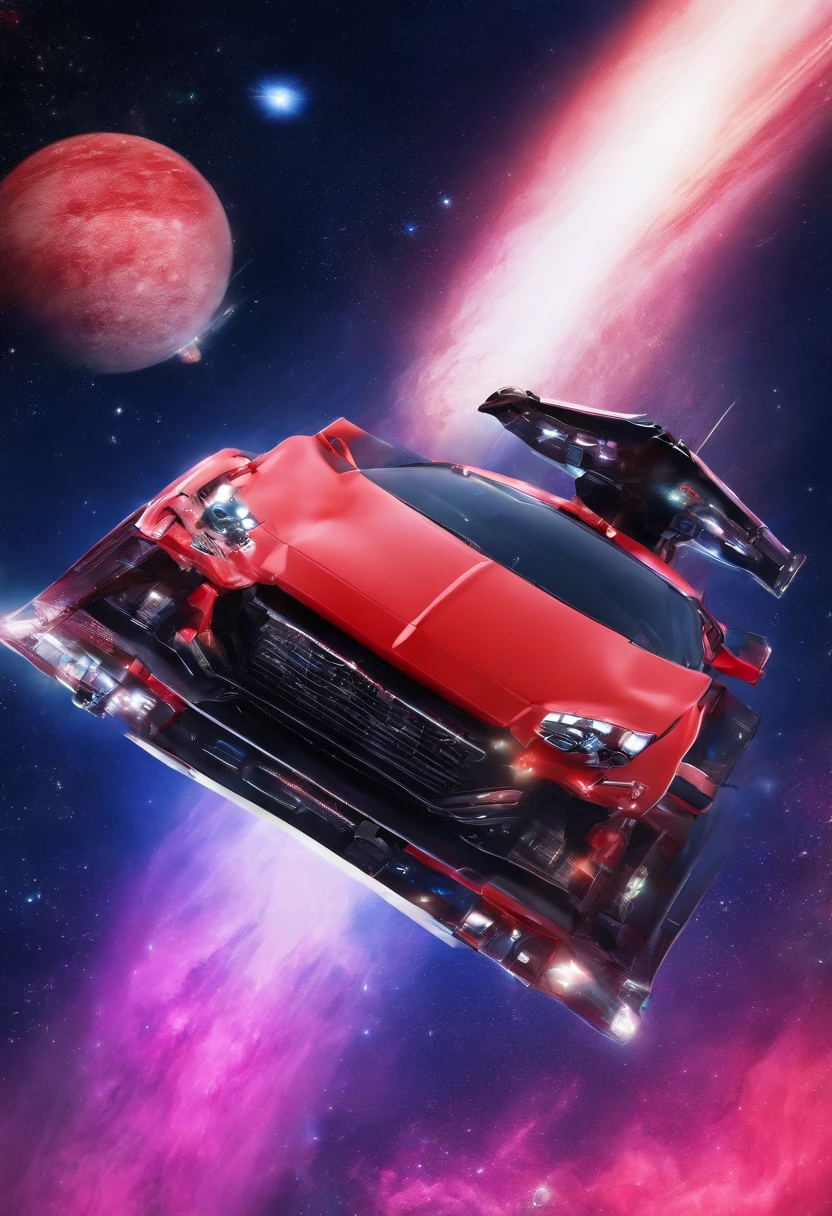 a red car with wings flying in space, with the starry galaxy