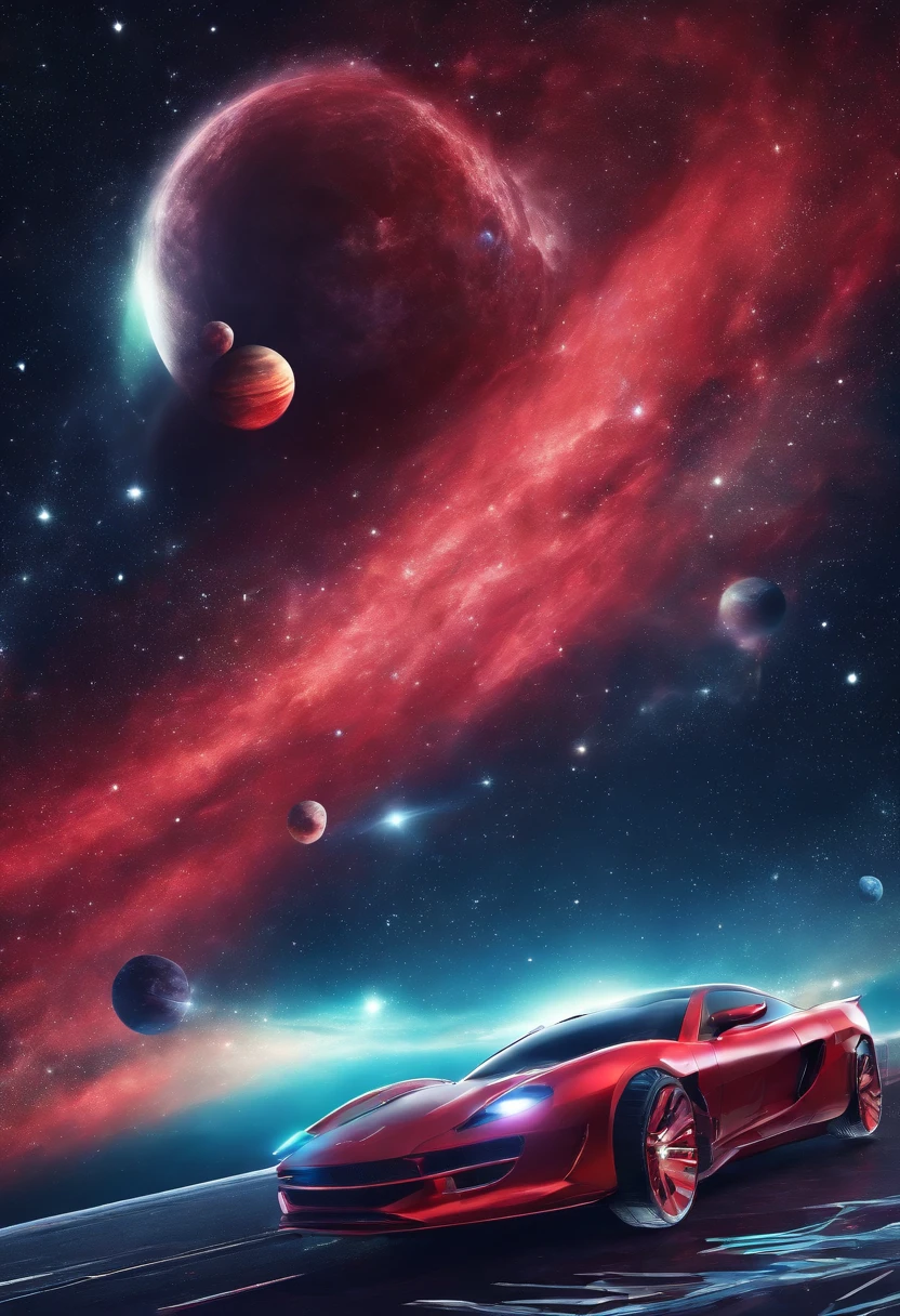 a red car with wings flying in space, with the starry galaxy