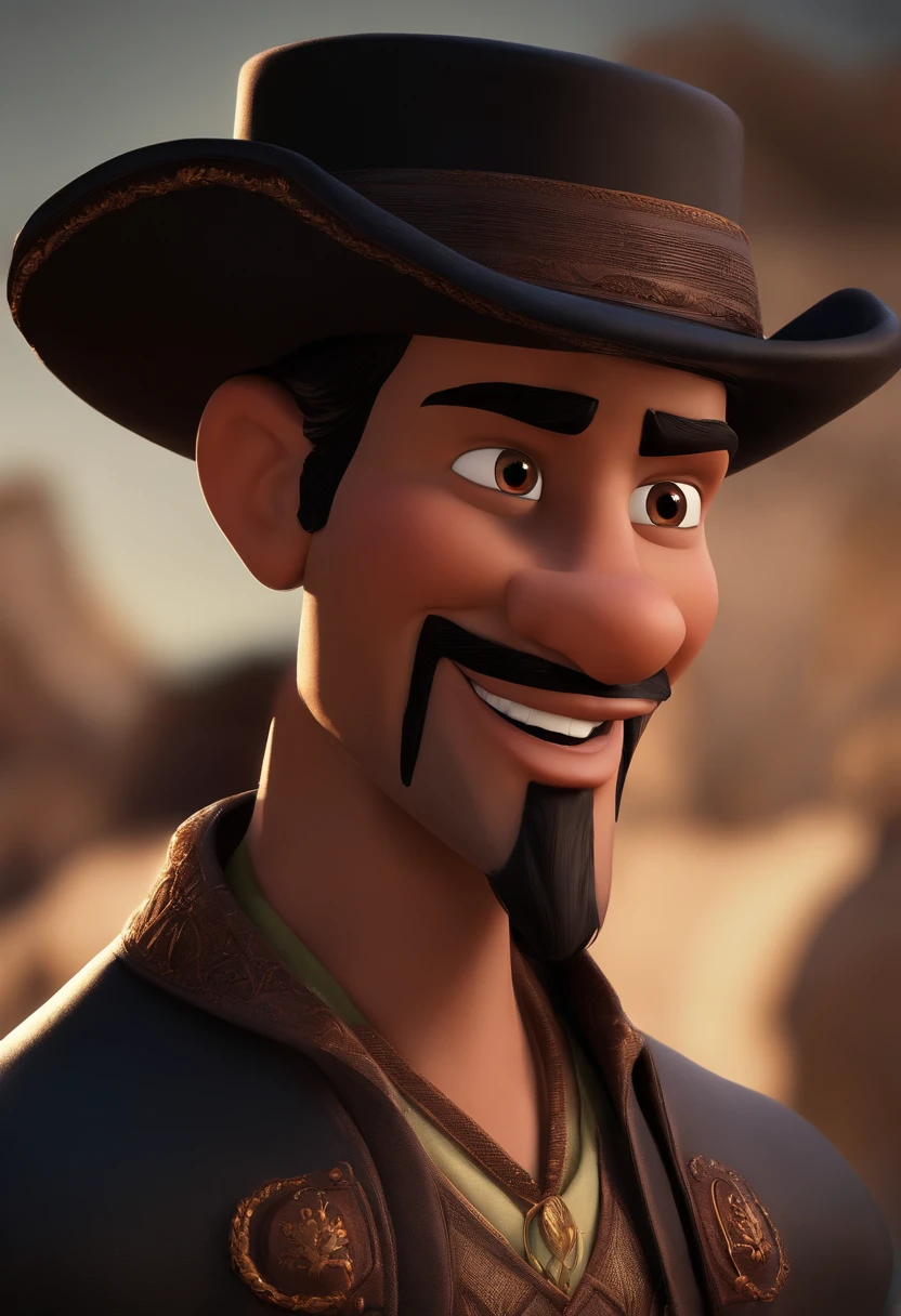 Crie uma imagem 3D da Disney. The character is a man with a thin goatee, cabelo preto com tupete pentiado pra cima, Round face and is smiling. Ele usa camisa preta relogio e esta com bracos cruzados.