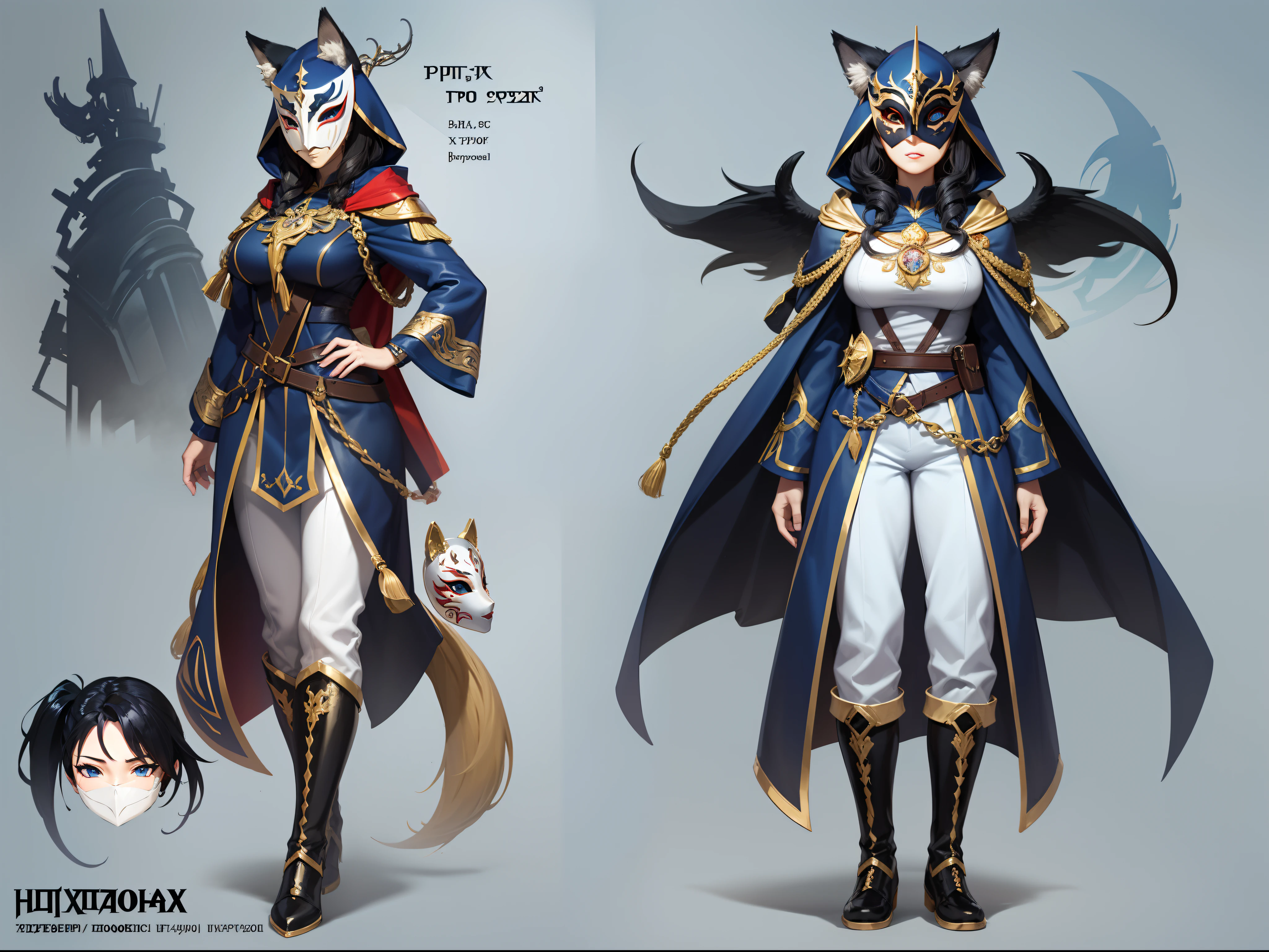 Character Sheet, full-body, female, tall, black haired, anime, anime style, wolf ears, wolf tail, 4k, high quality, (solo), (Russian style:1.4), (White background), (blue eyes:1.4), (wide pants:1.3), cloak, hood on hend, (shirt:1.3), (Combat boots), (fantasy:1.3), (black hair), (fox ears), (more details:1.4), (big bust:1.3), Character reference, character sheet, (masquerade mask on face:1.3), (Hood on head:1.3)