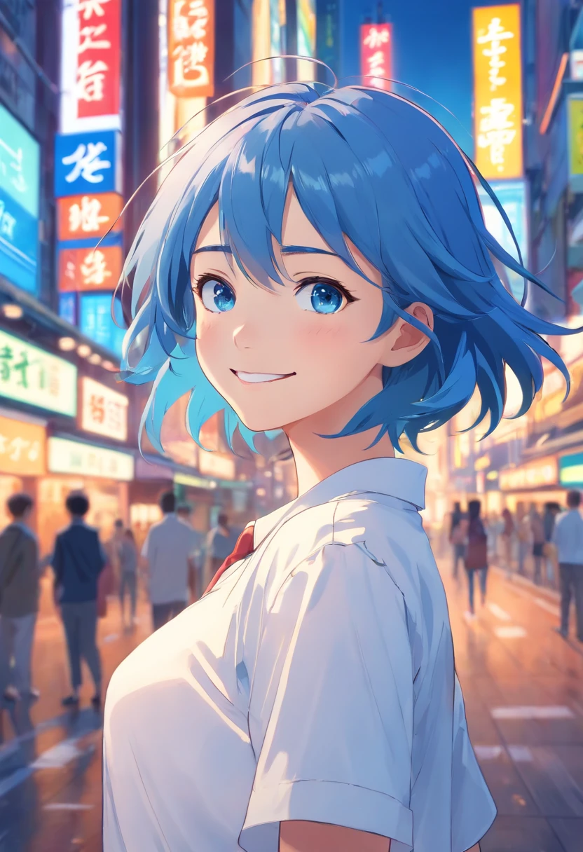female, blue hair, blue eyes, white shirt, smile, tokyo