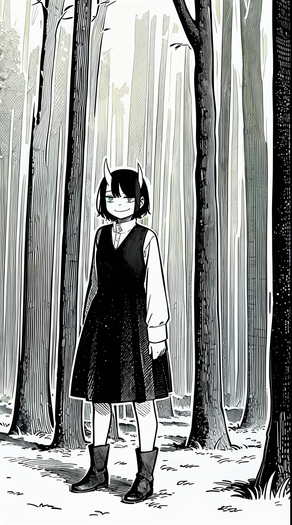 short hair, youngirl,black hair, vest, pullover, dragon horns, sharpteeth, standing, smile, full body , boots, long skirt, winter dress,, forest, woman-medieval-clothes, horns