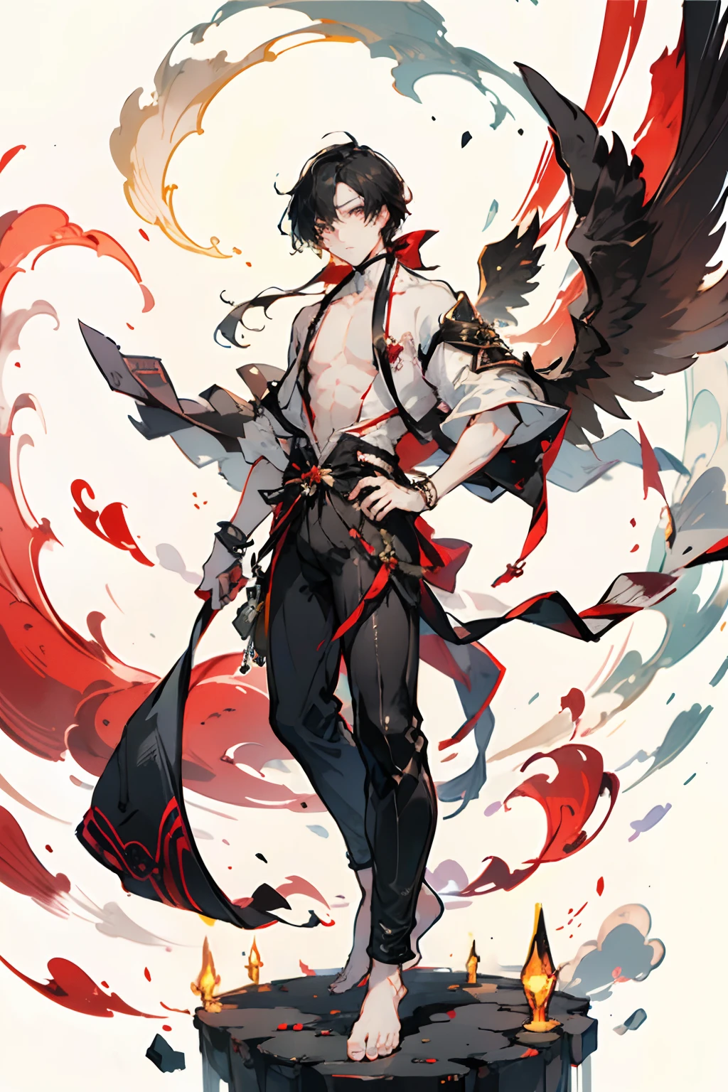 (male) human, pointed face, narrow eyes (slick_mid-length_black_hair), pointed nose, tall(lean), spectral wings, bare chest, leather pants, bare feet, long fingers, holding bow, pale skin